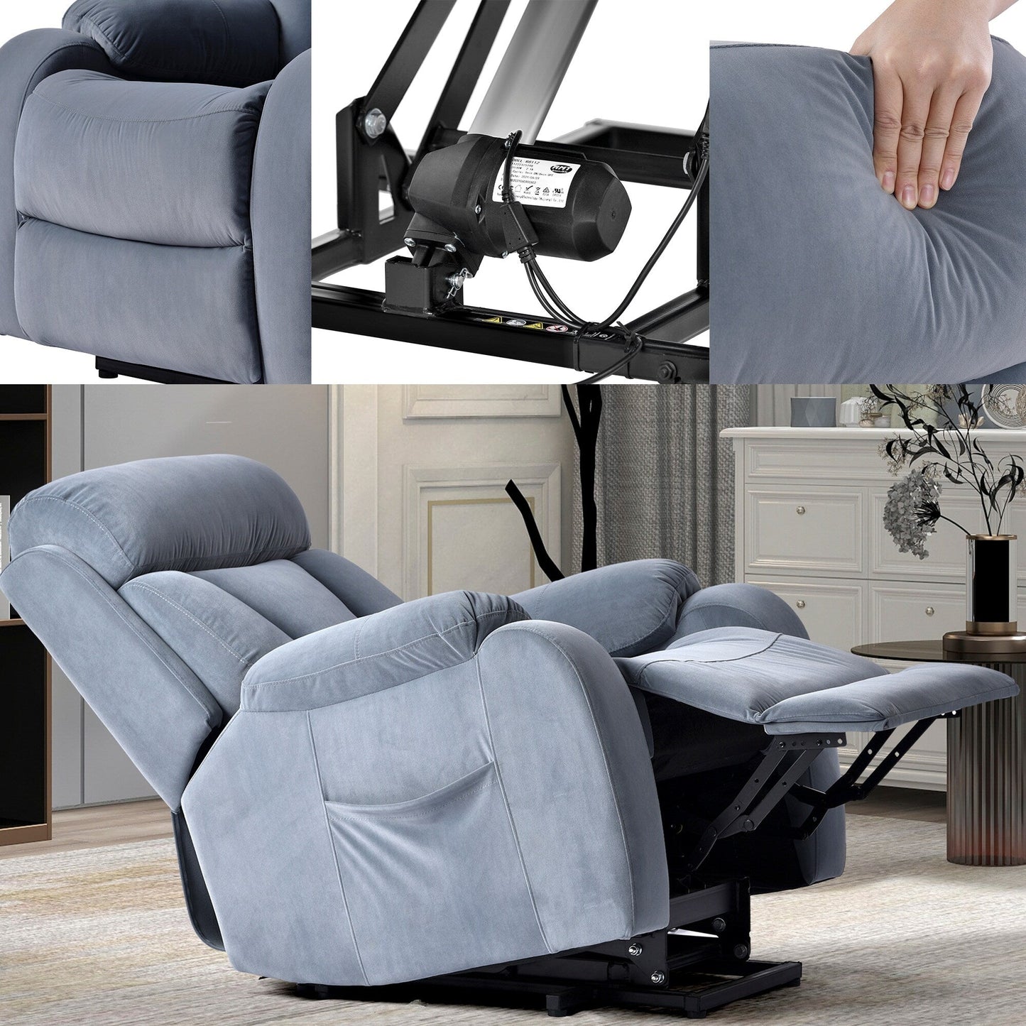 Poltrona reclinabile elettrica in tessuto antiscivolo blu per anziani, con telecomando, design morbido e tasca portaoggetti laterale