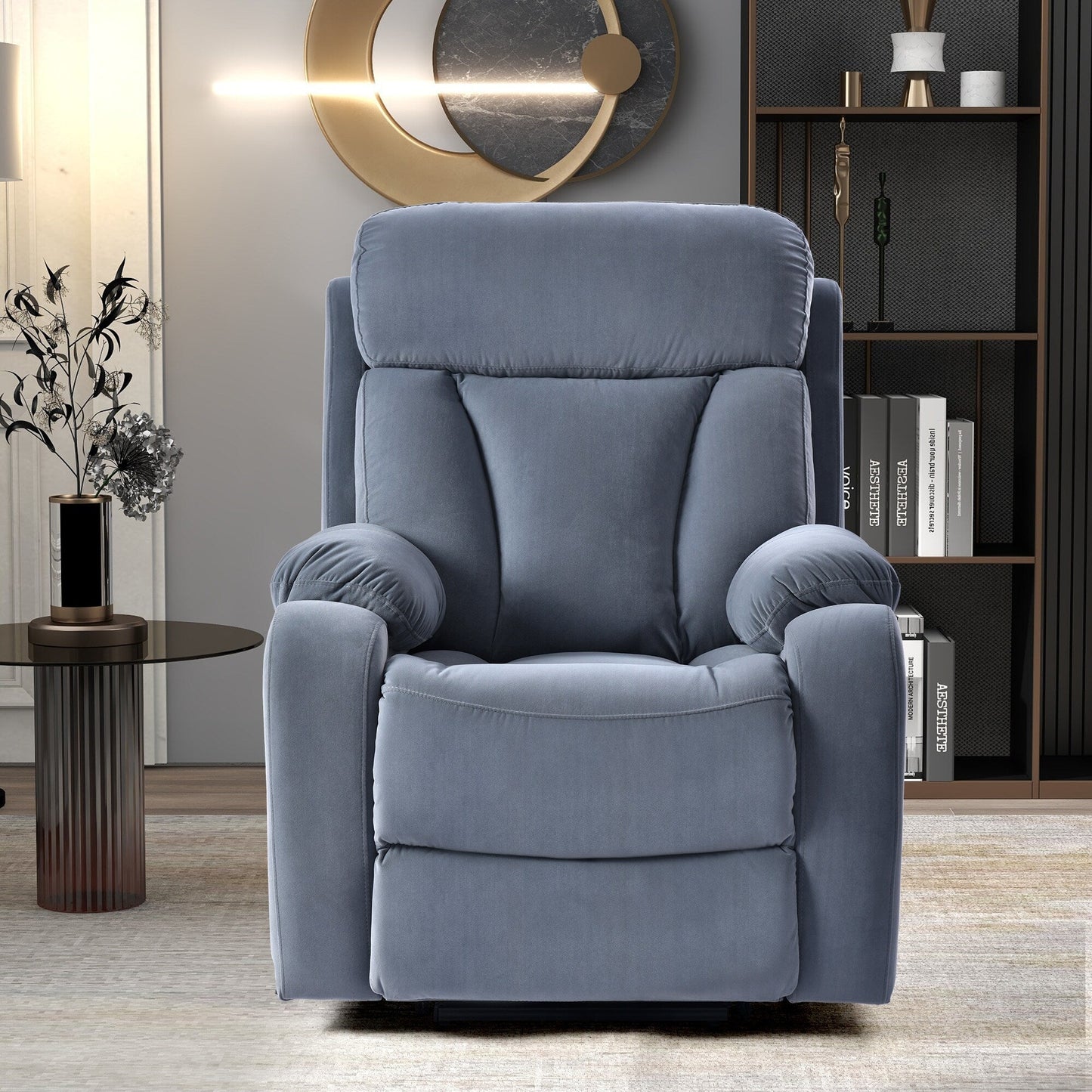 Poltrona reclinabile elettrica in tessuto antiscivolo blu per anziani, con telecomando, design morbido e tasca portaoggetti laterale