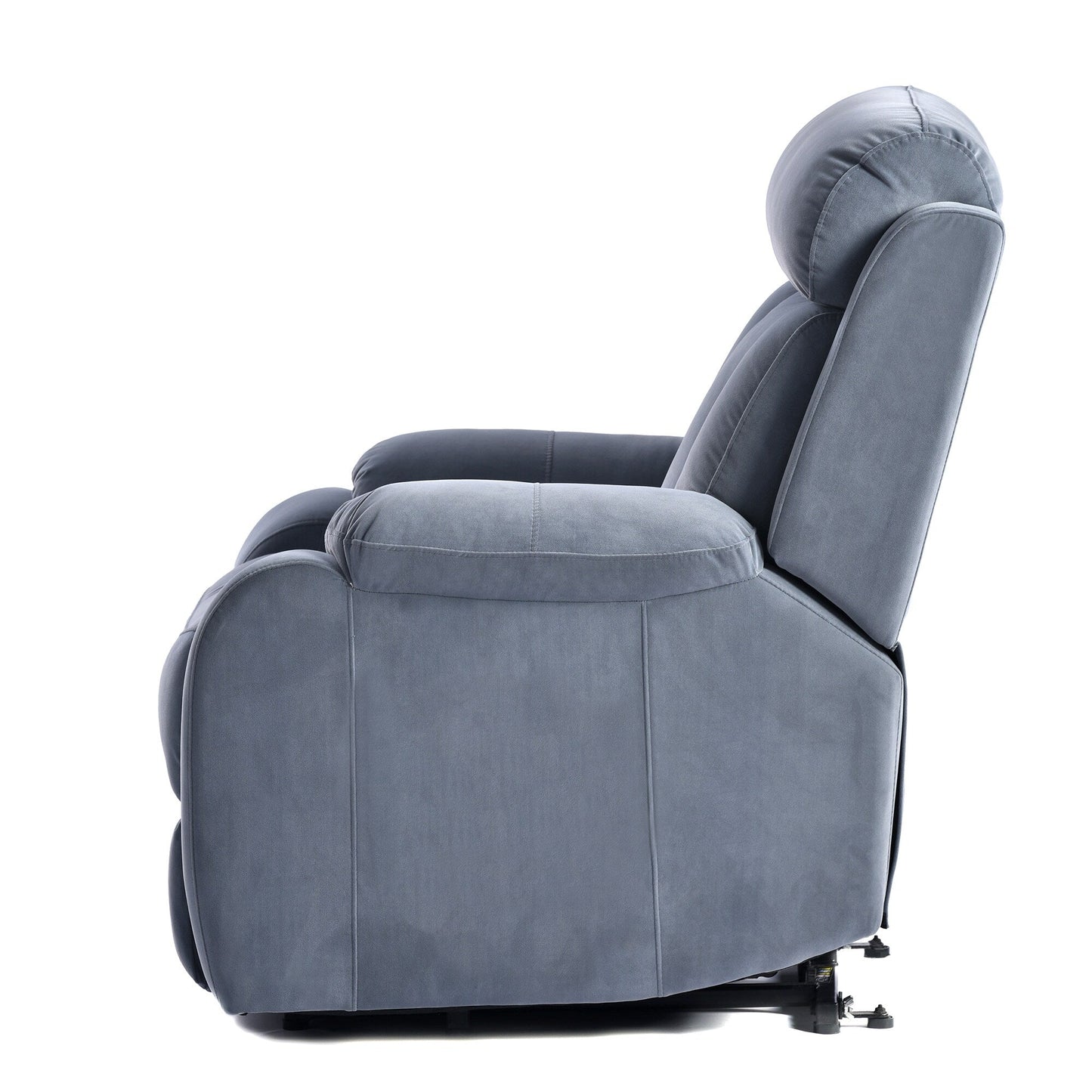 Poltrona reclinabile elettrica in tessuto antiscivolo blu per anziani, con telecomando, design morbido e tasca portaoggetti laterale