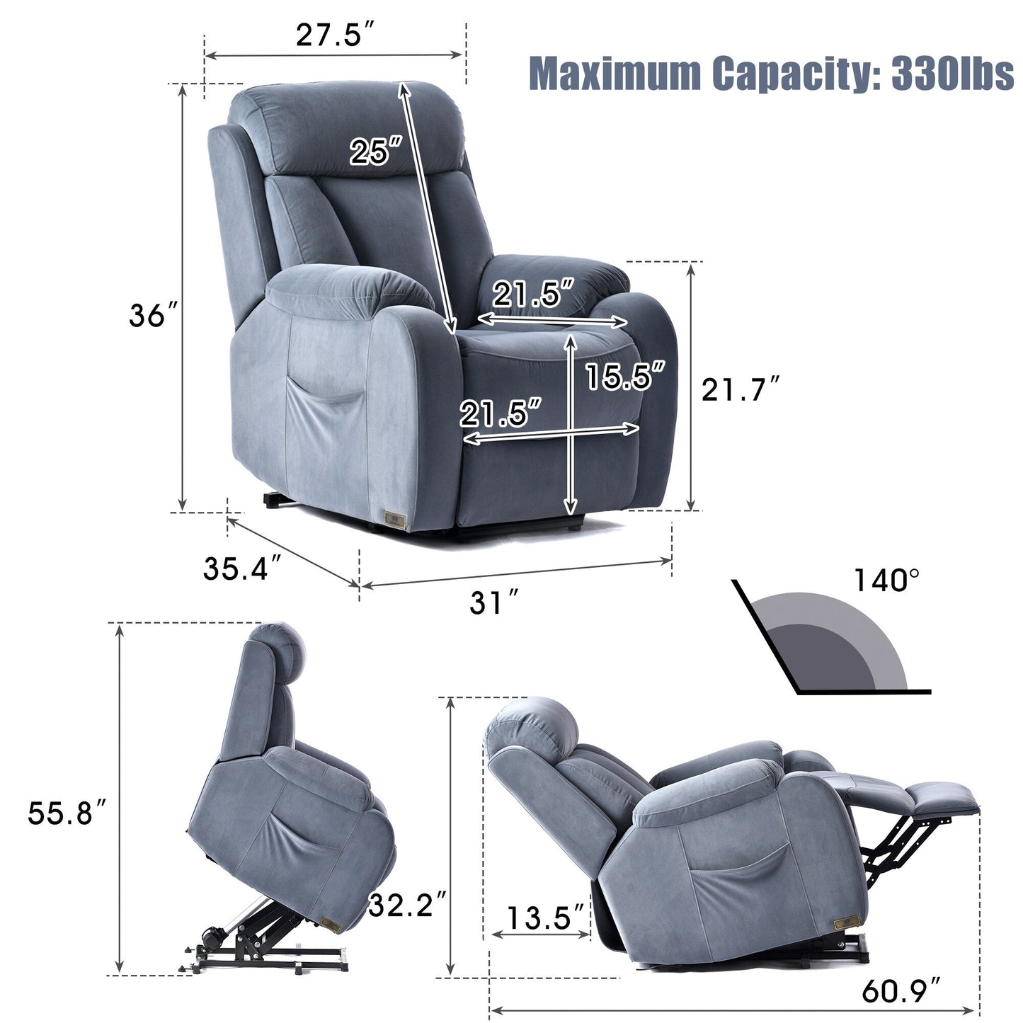 Poltrona reclinabile elettrica in tessuto antiscivolo blu per anziani, con telecomando, design morbido e tasca portaoggetti laterale