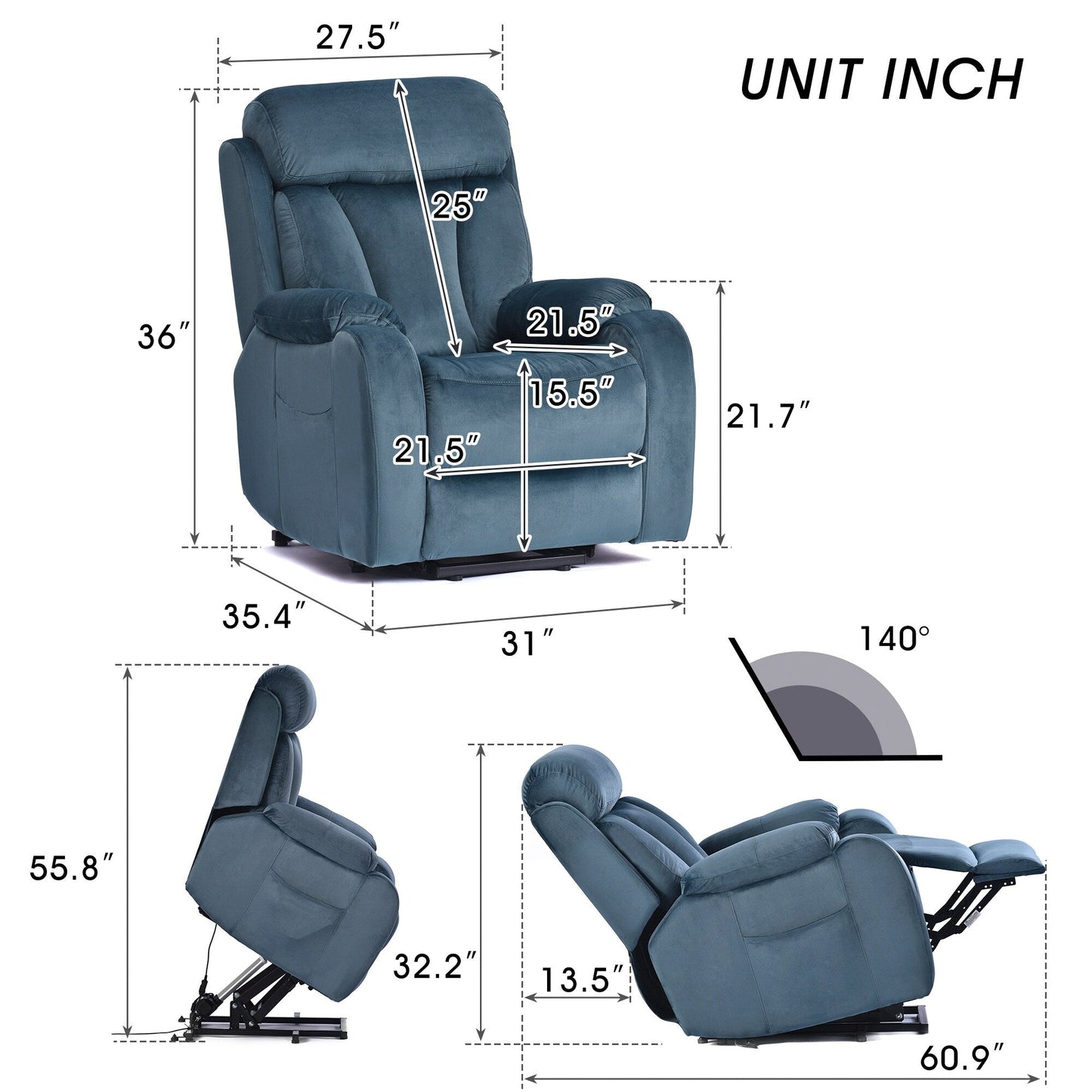 Poltrona reclinabile elettrica in tessuto antiscivolo blu per anziani, con telecomando, design morbido e tasca portaoggetti laterale