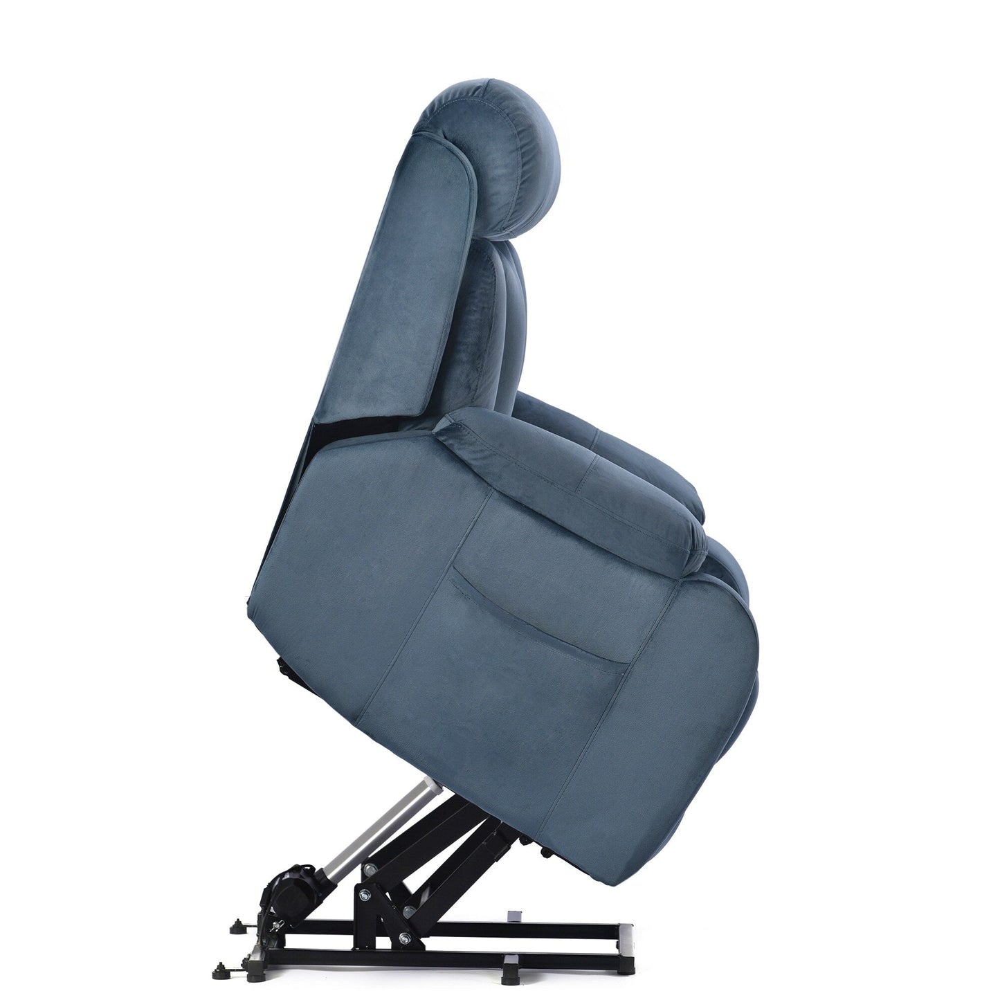 Poltrona reclinabile elettrica in tessuto antiscivolo blu per anziani, con telecomando, design morbido e tasca portaoggetti laterale
