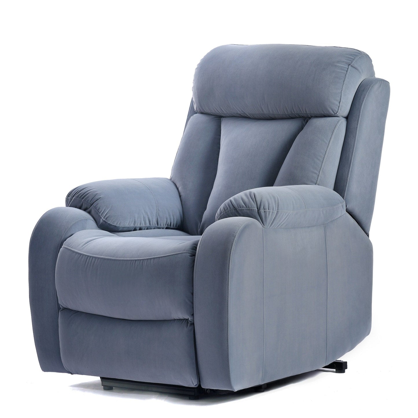 Poltrona reclinabile elettrica in tessuto antiscivolo blu per anziani, con telecomando, design morbido e tasca portaoggetti laterale