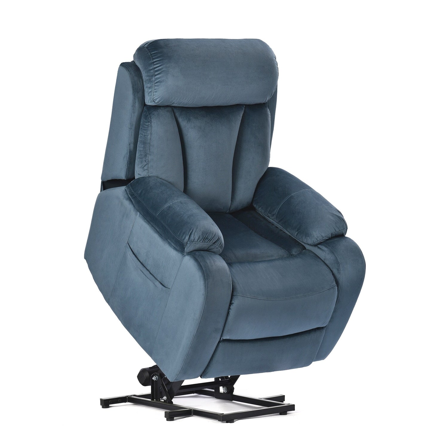 Poltrona reclinabile elettrica in tessuto antiscivolo blu per anziani, con telecomando, design morbido e tasca portaoggetti laterale