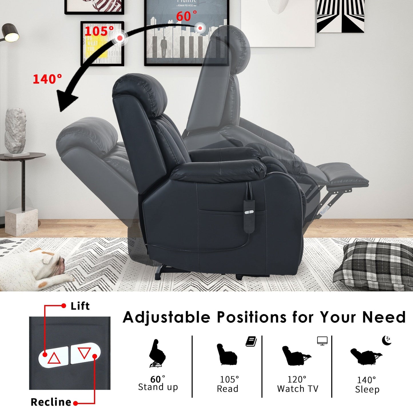 Poltrona reclinabile elettrica in tessuto antiscivolo blu per anziani, con telecomando, design morbido e tasca portaoggetti laterale