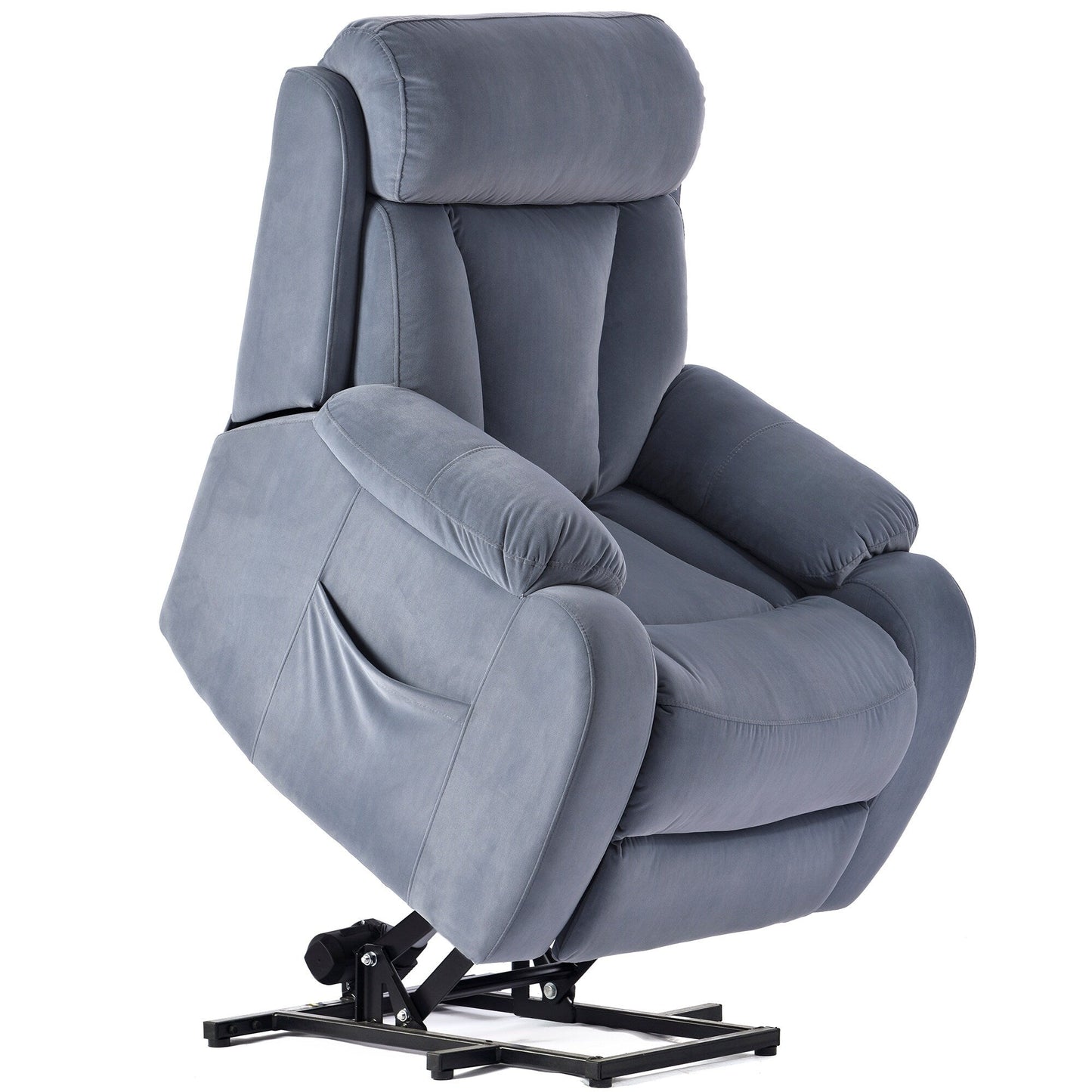 Poltrona reclinabile elettrica in tessuto antiscivolo blu per anziani, con telecomando, design morbido e tasca portaoggetti laterale