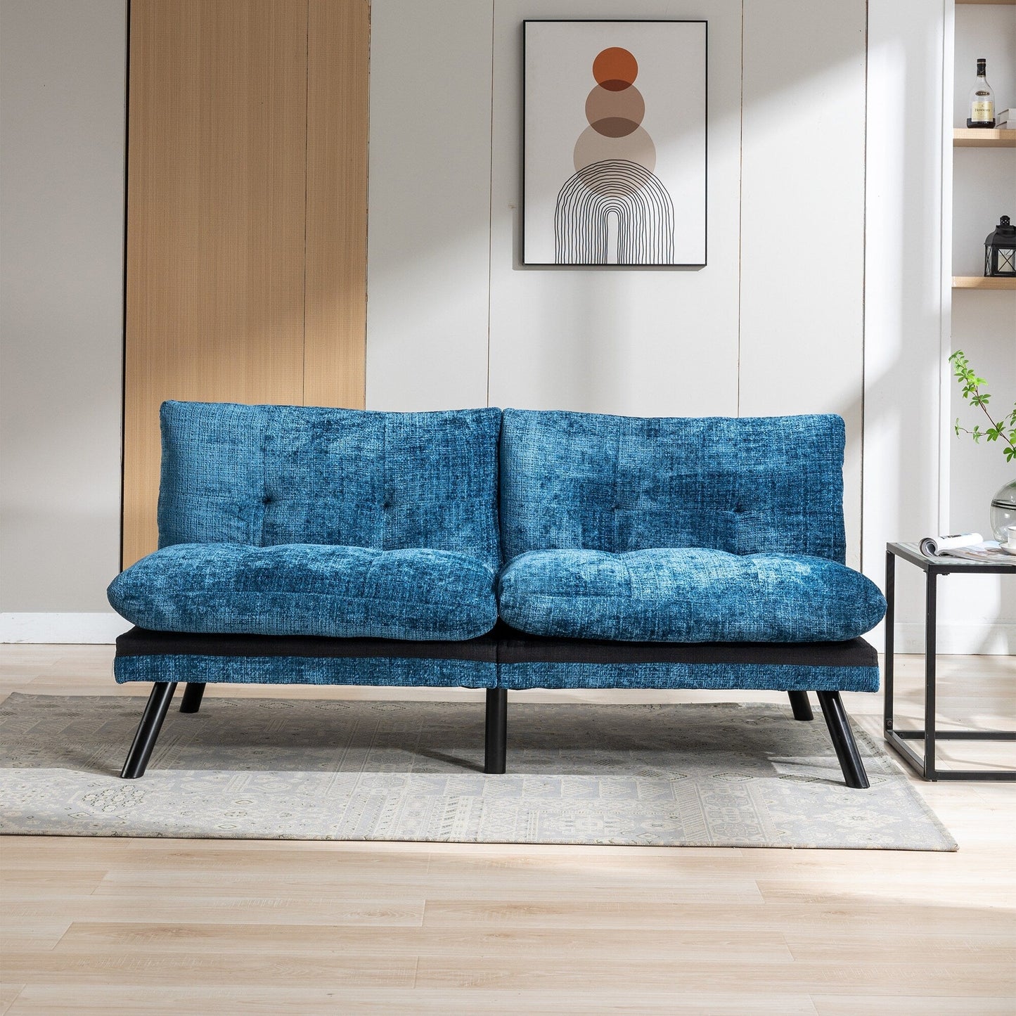 Divano letto futon convertibile in ciniglia blu