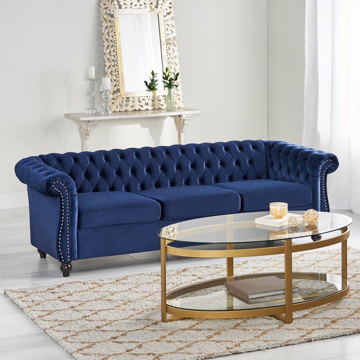 Divano Chesterfield blu 84.75 imbottito con bottoni, 3 posti, borchie e gambe in legno