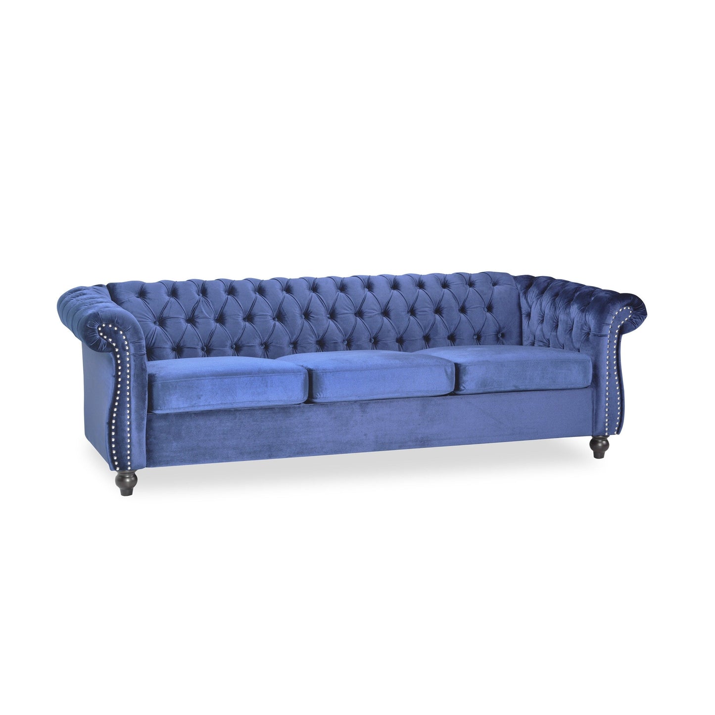 Divano Chesterfield blu 84.75 imbottito con bottoni, 3 posti, borchie e gambe in legno