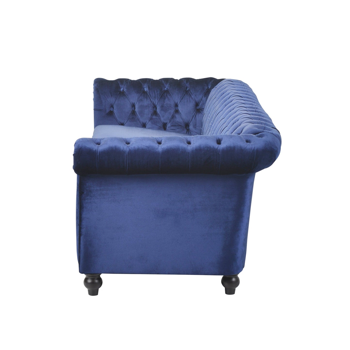 Divano Chesterfield blu a 3 posti con bottoni e borchie