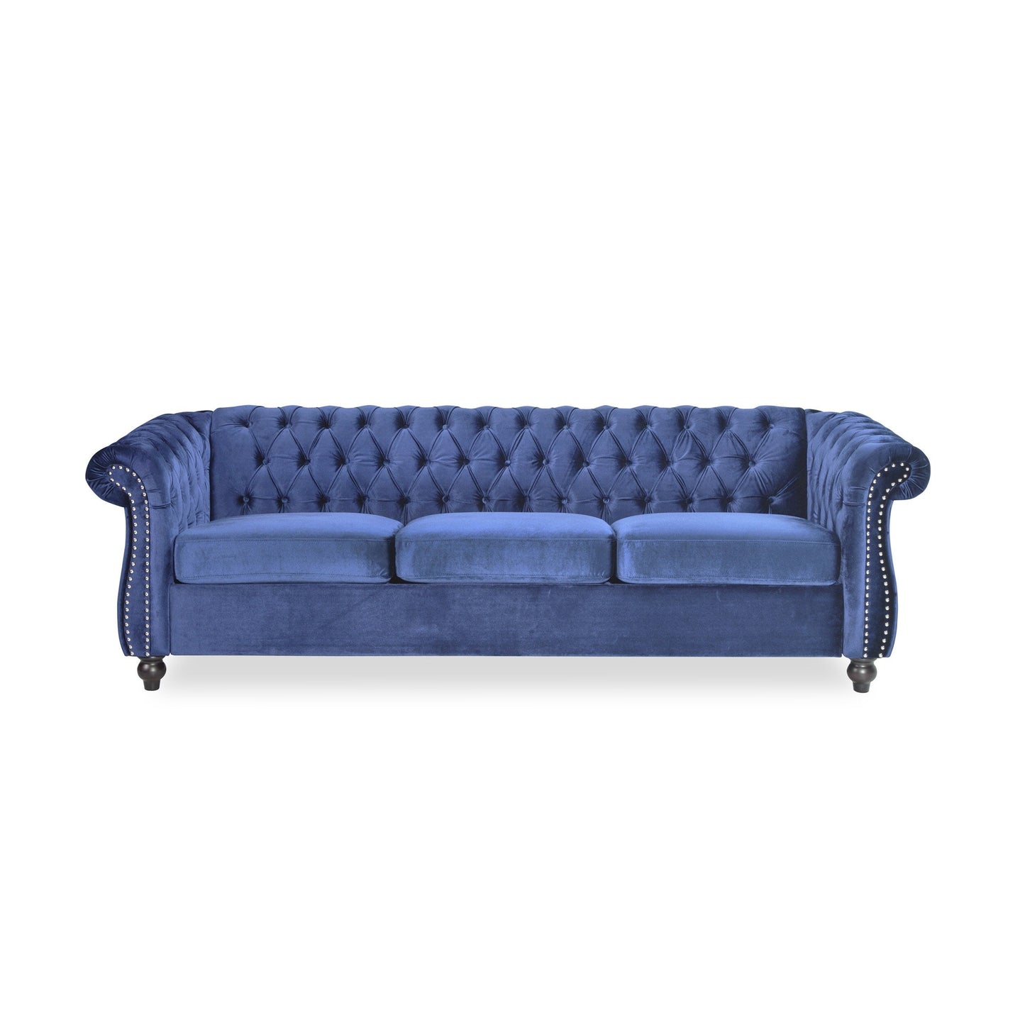 Divano Chesterfield blu a 3 posti con bottoni e borchie