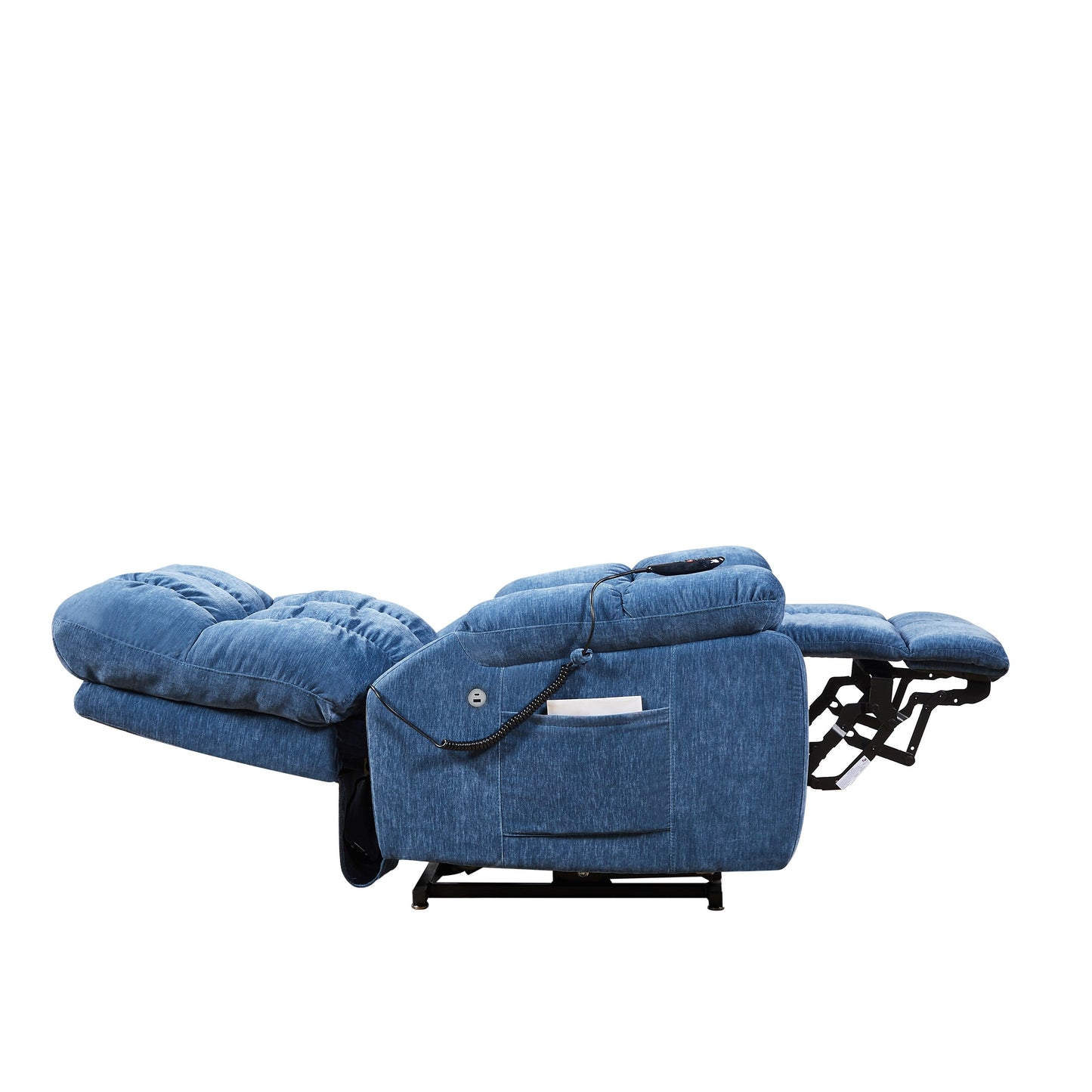Poltrona reclinabile Blue EPower Lift con doppi motori OKIN, reclinazione infinita, massaggio con airbag, riscaldamento, porte USB, 2 tasche laterali