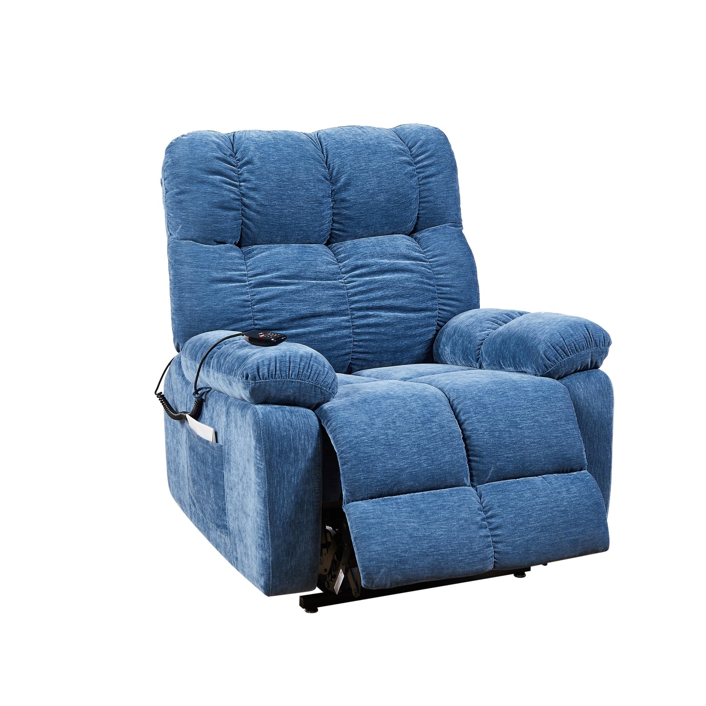Poltrona reclinabile Blue EPower Lift con doppi motori OKIN, reclinazione infinita, massaggio con airbag, riscaldamento, porte USB, 2 tasche laterali