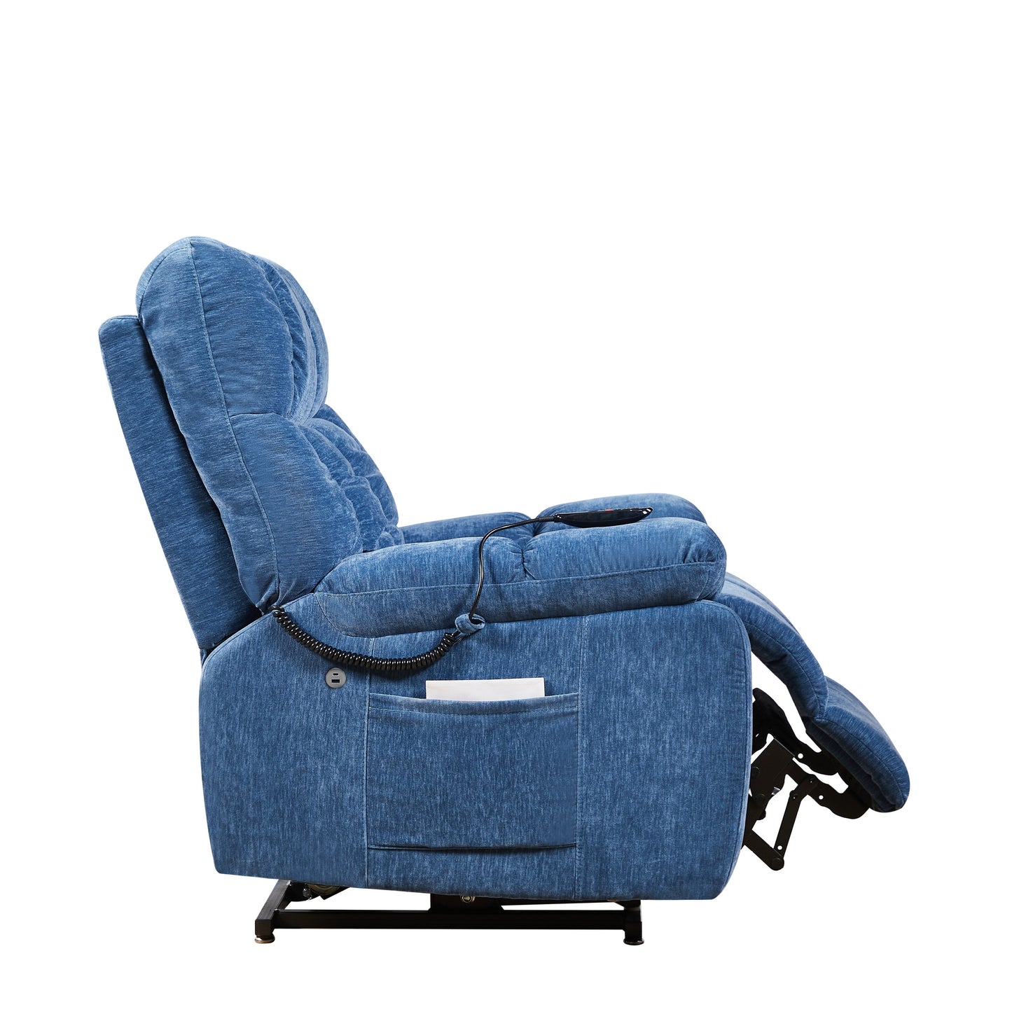 Poltrona reclinabile Blue EPower Lift con doppi motori OKIN, reclinazione infinita, massaggio con airbag, riscaldamento, porte USB, 2 tasche laterali