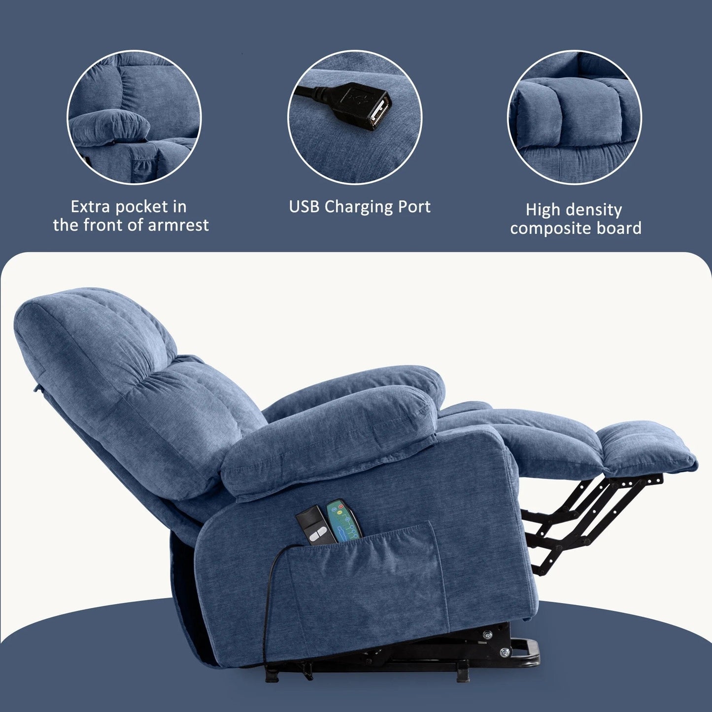Poltrona reclinabile elettrica blu con riscaldamento, massaggio, infinite possibilità di reclinazione, porte USB e tasche laterali