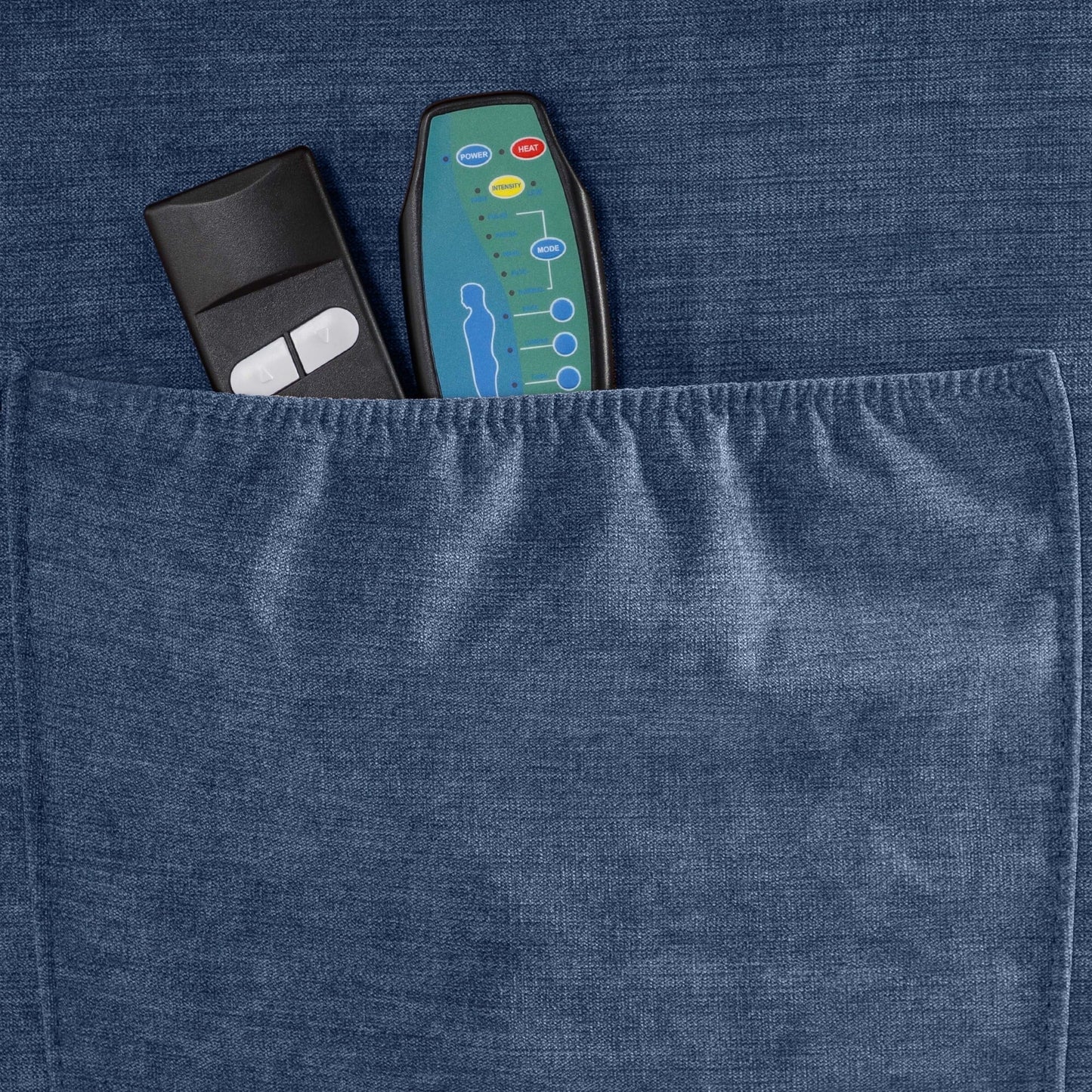 Poltrona reclinabile elettrica blu con riscaldamento, massaggio, infinite possibilità di reclinazione, porte USB e tasche laterali