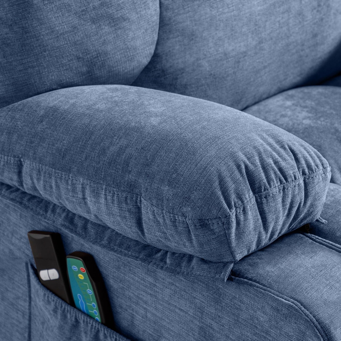 Poltrona reclinabile elettrica blu con riscaldamento, massaggio, infinite possibilità di reclinazione, porte USB e tasche laterali