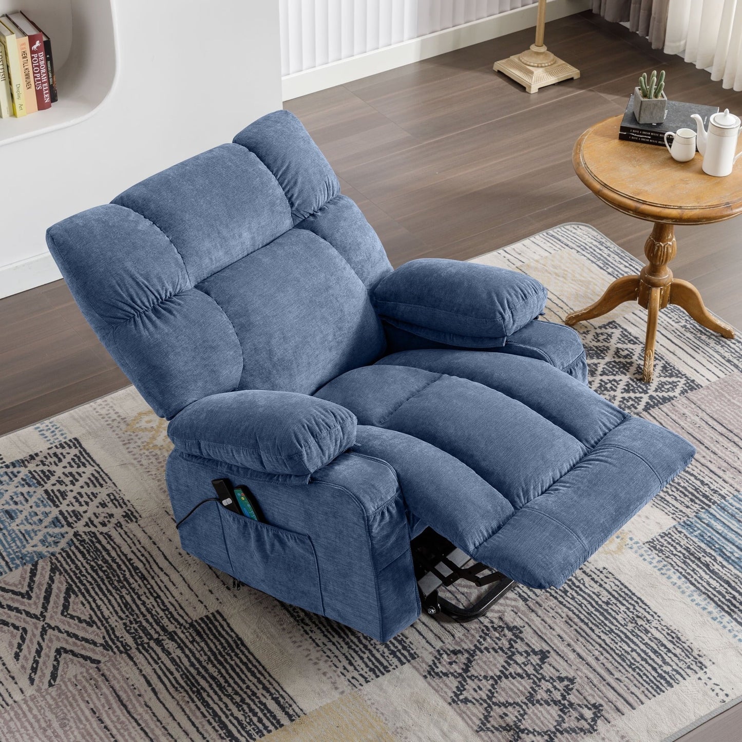 Poltrona reclinabile elettrica blu con riscaldamento, massaggio, reclinazione infinita, ricarica USB e tasche laterali