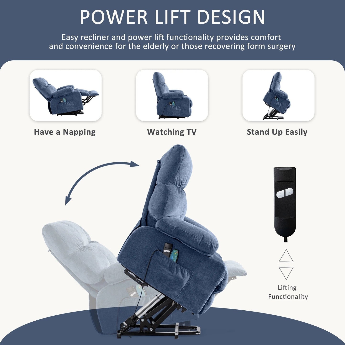 Poltrona reclinabile elettrica blu con riscaldamento, massaggio, reclinazione infinita, ricarica USB e tasche laterali