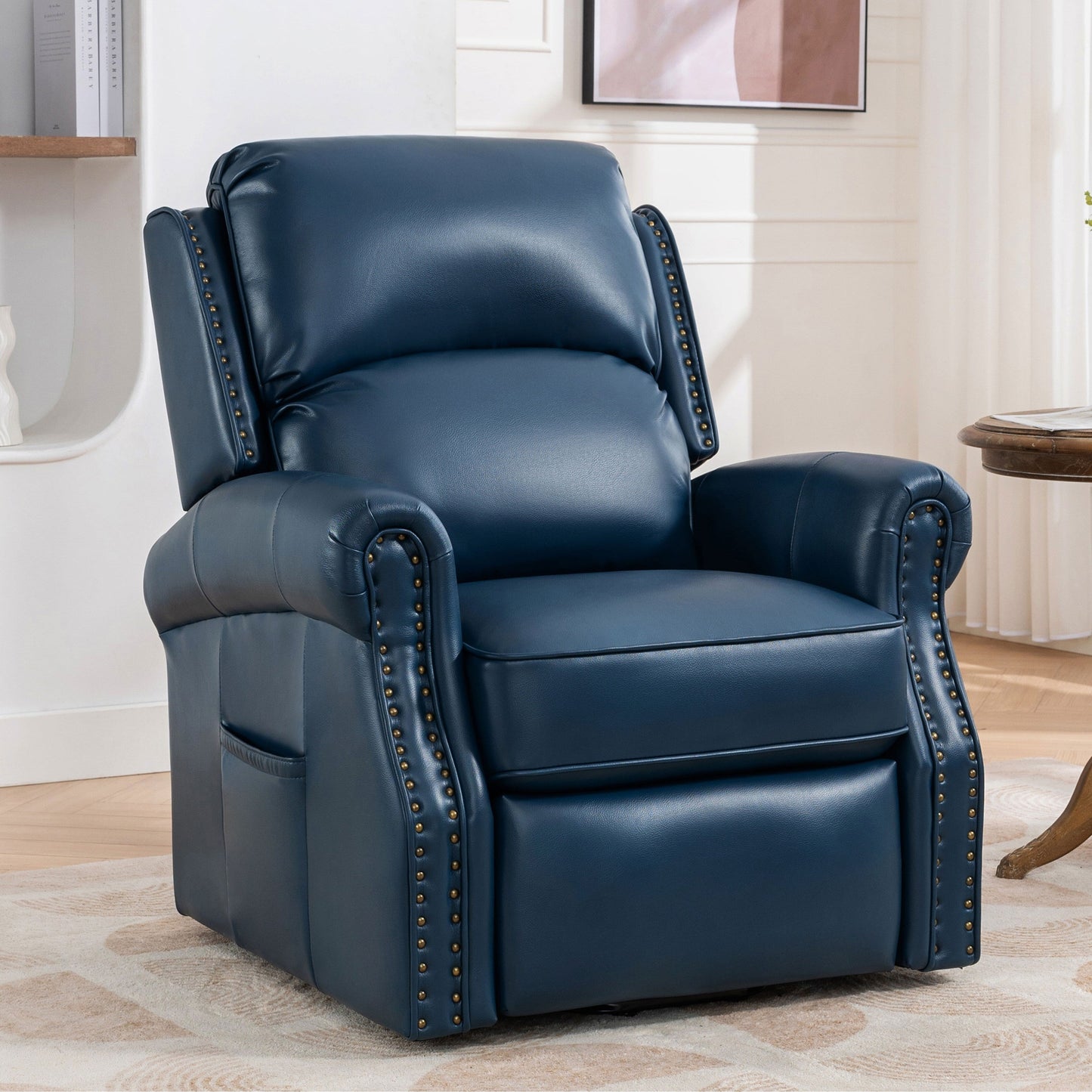Poltrona reclinabile elettrica blu con riscaldamento, massaggio, porte USB e motore OKIN silenzioso per un comfort ottimale