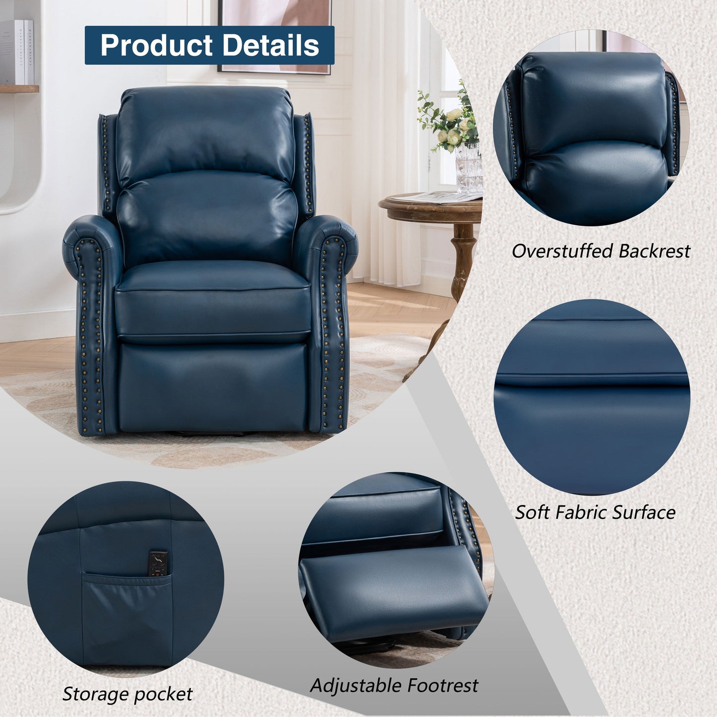 Poltrona reclinabile elettrica blu con riscaldamento, massaggio, porte USB e motore OKIN silenzioso per un comfort ottimale
