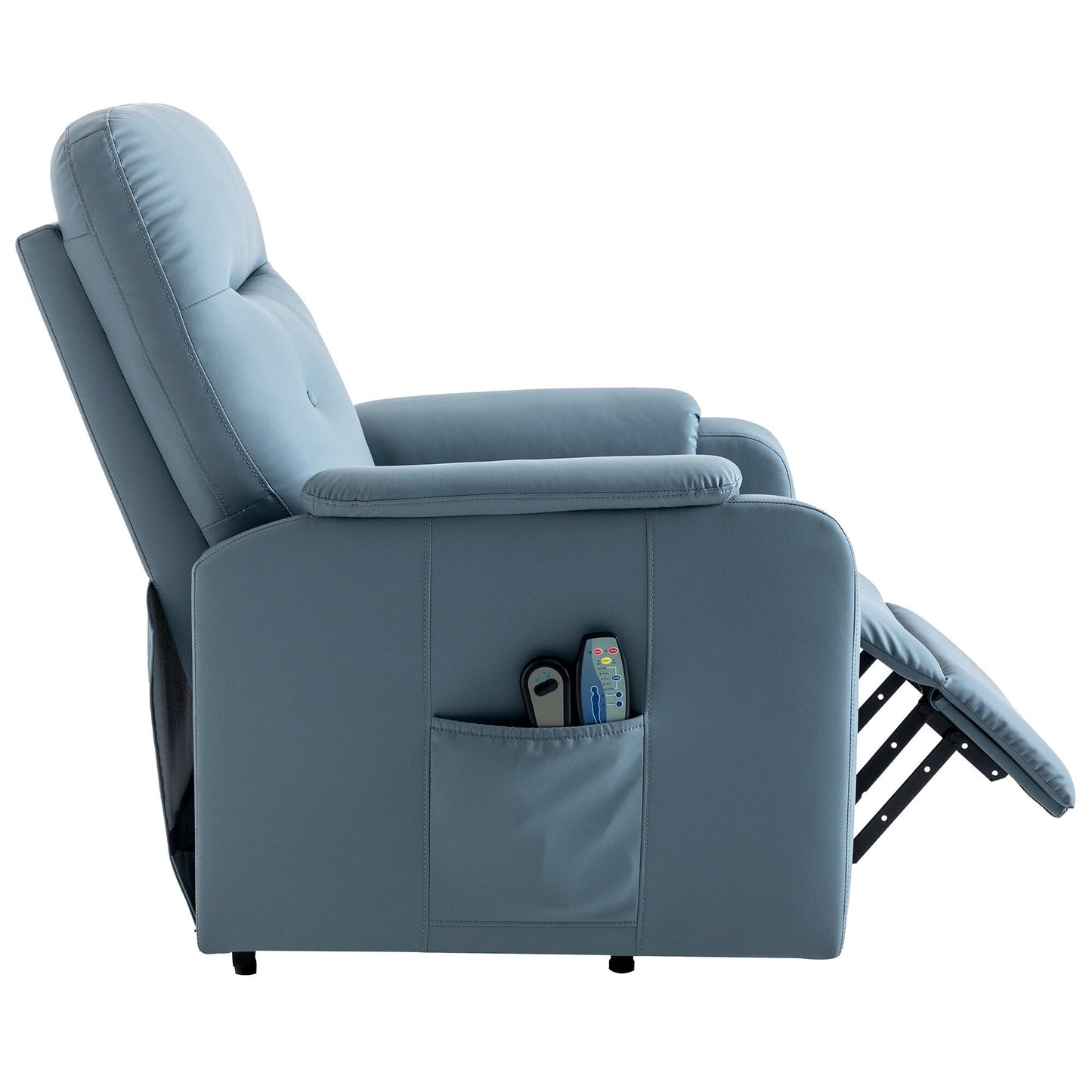 Poltrona reclinabile elettrica blu con massaggio, calore e tasche laterali, ideale per anziani e adulti
