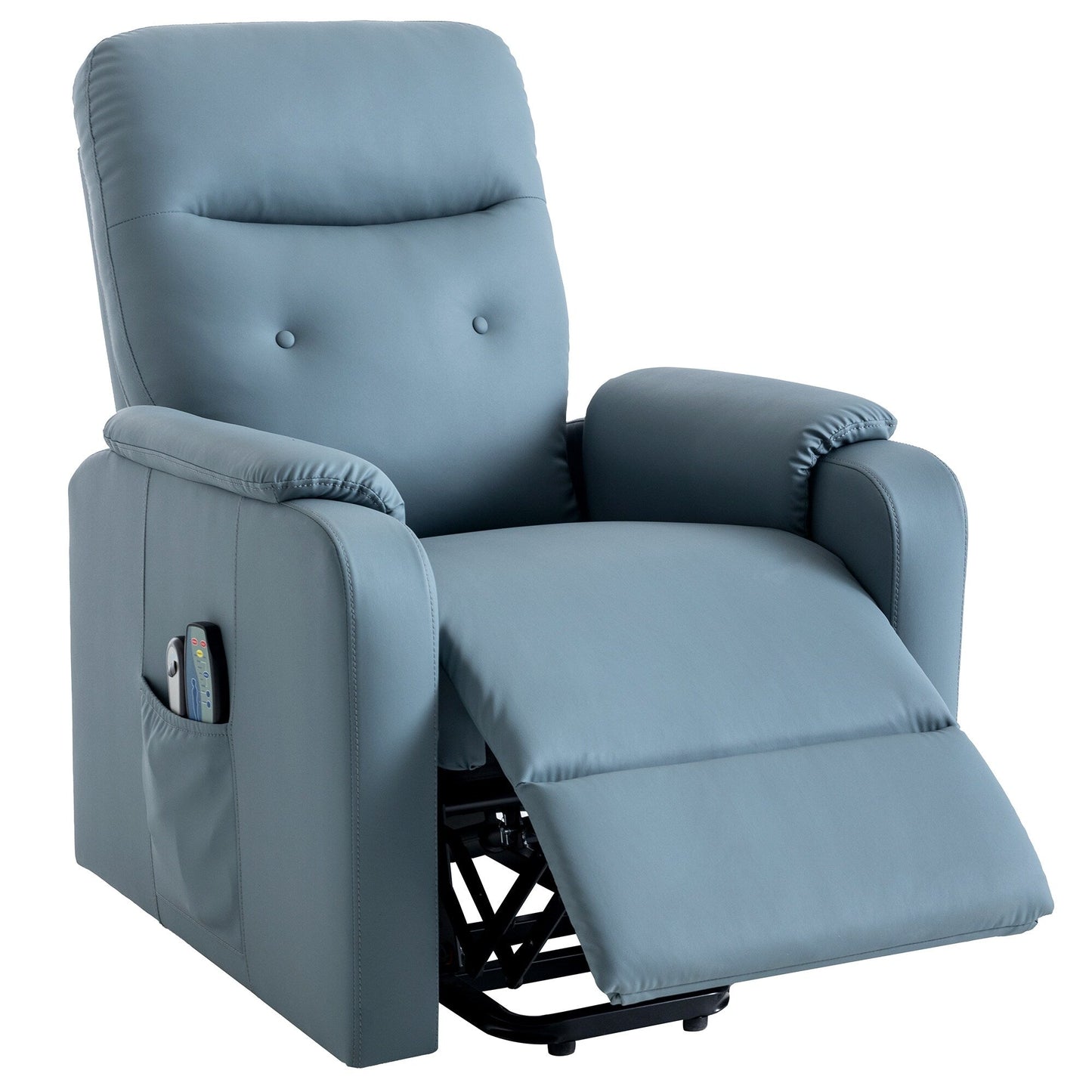 Poltrona reclinabile elettrica blu con massaggio, calore e tasche laterali, ideale per anziani e adulti