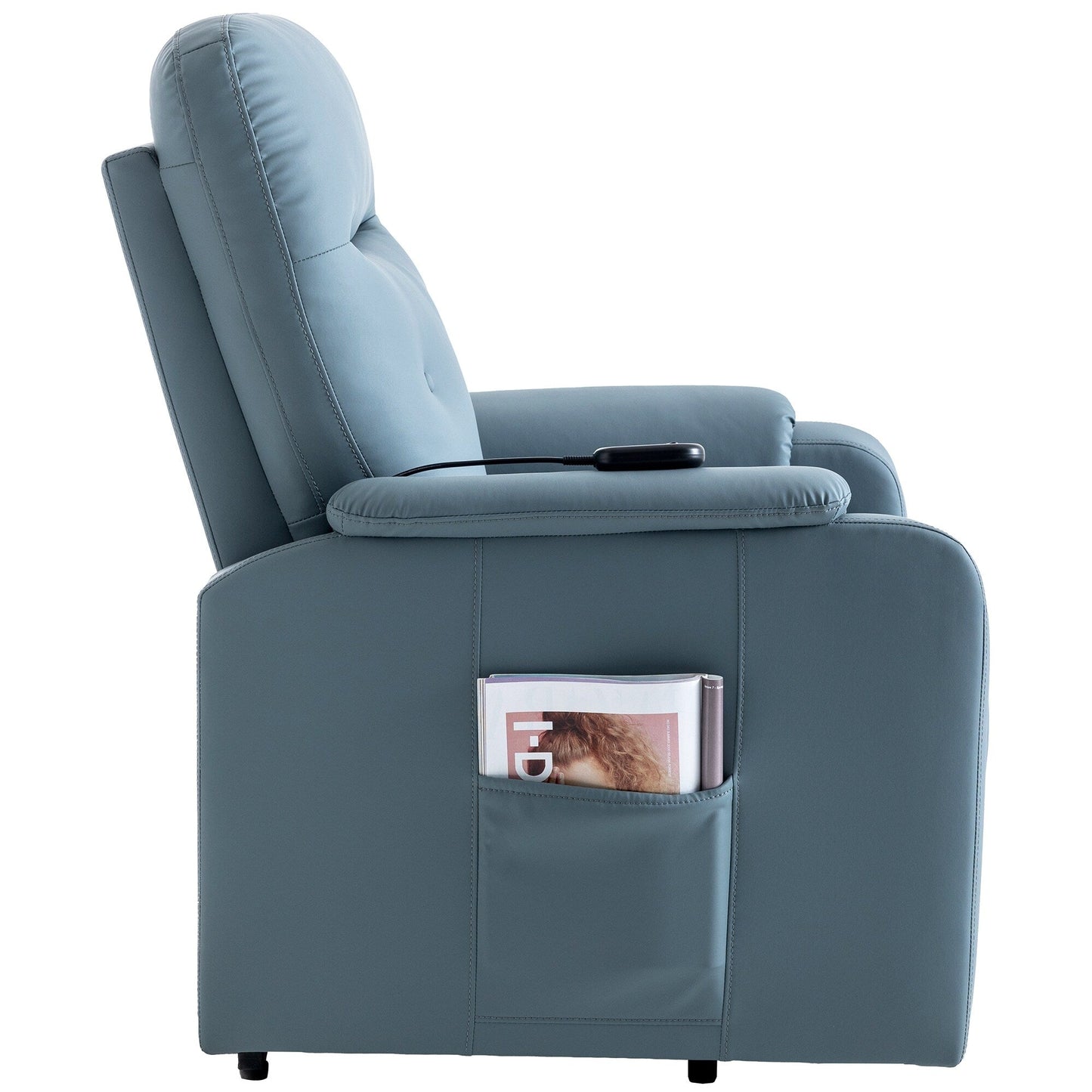 Poltrona reclinabile elettrica blu con massaggio, calore e tasche laterali, ideale per anziani e adulti