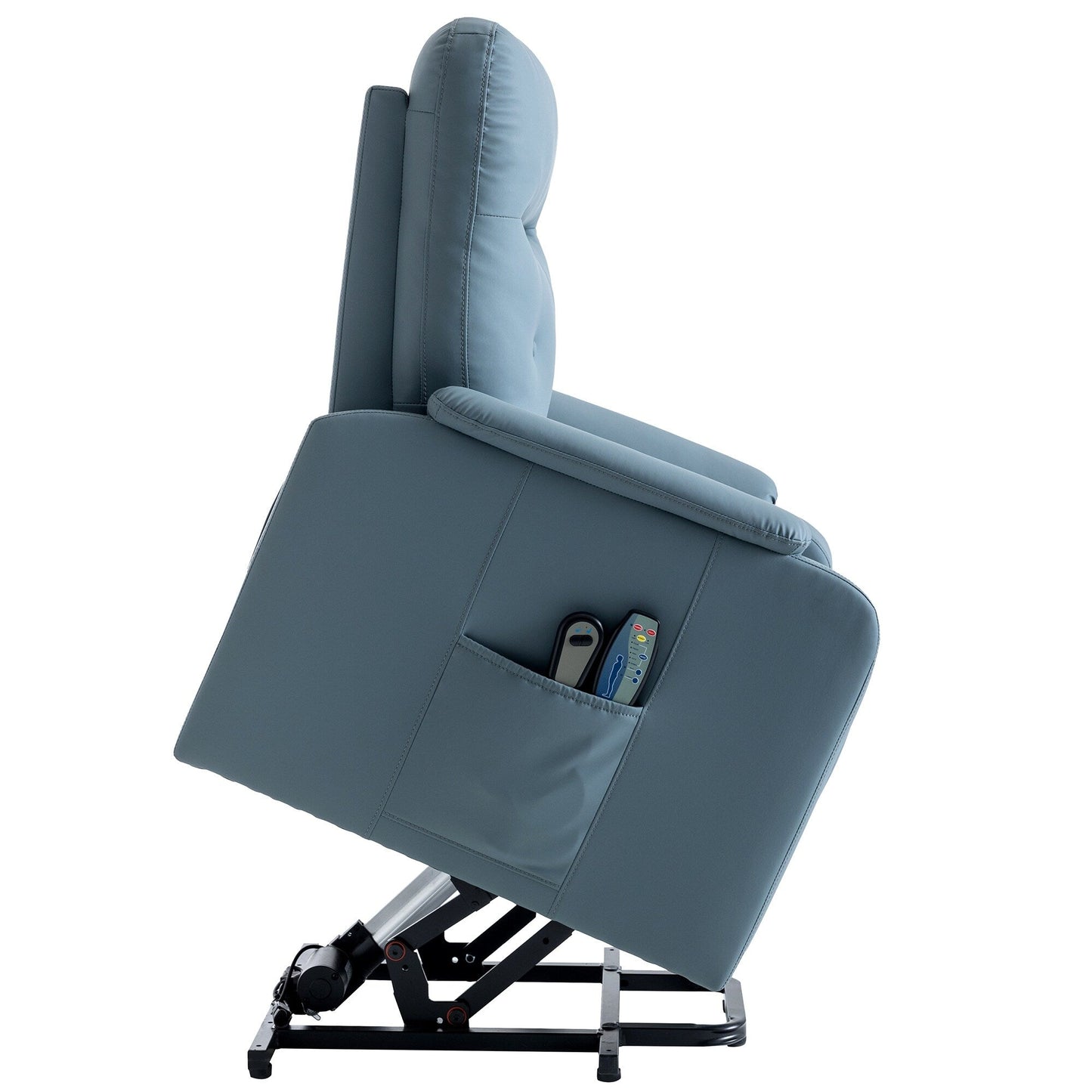 Poltrona reclinabile elettrica blu con massaggio, calore e tasche laterali, ideale per anziani e adulti
