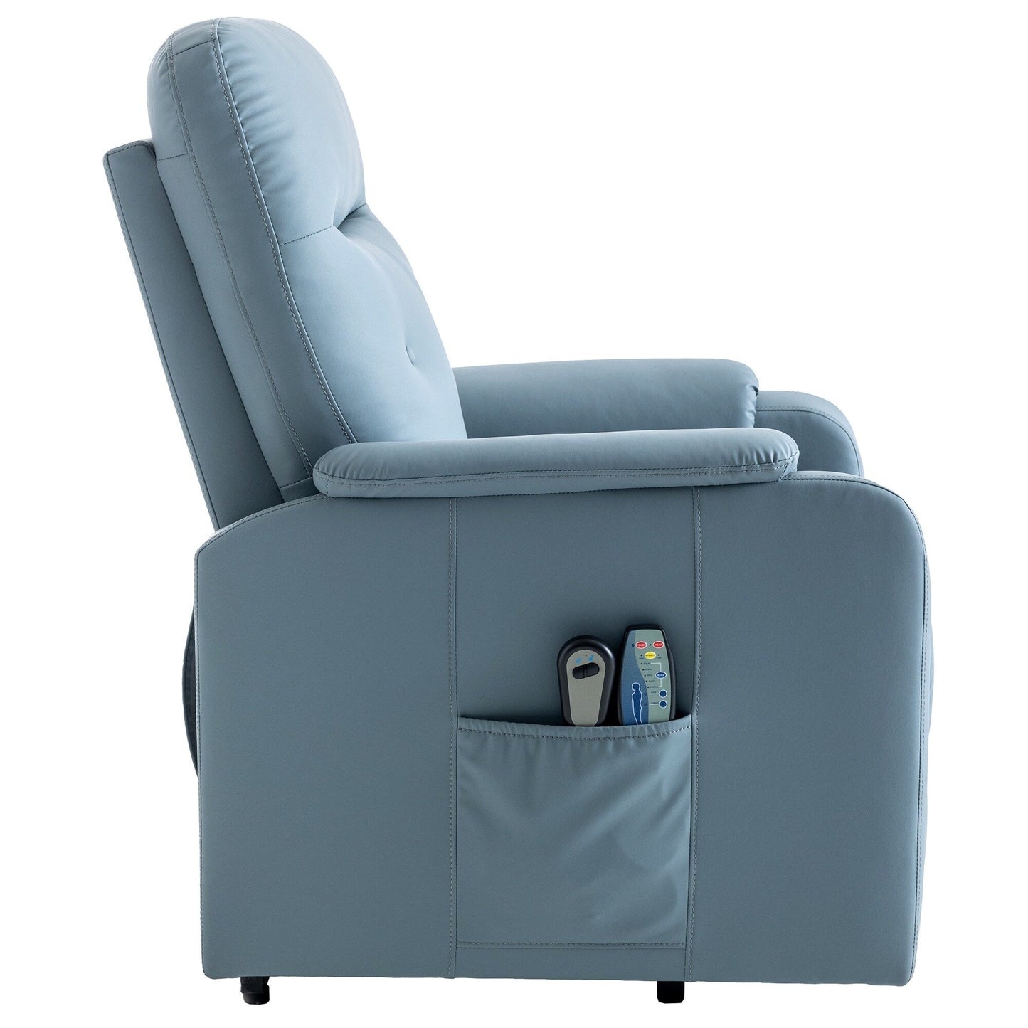 Poltrona reclinabile elettrica blu con massaggio, calore e tasche laterali, ideale per anziani e adulti