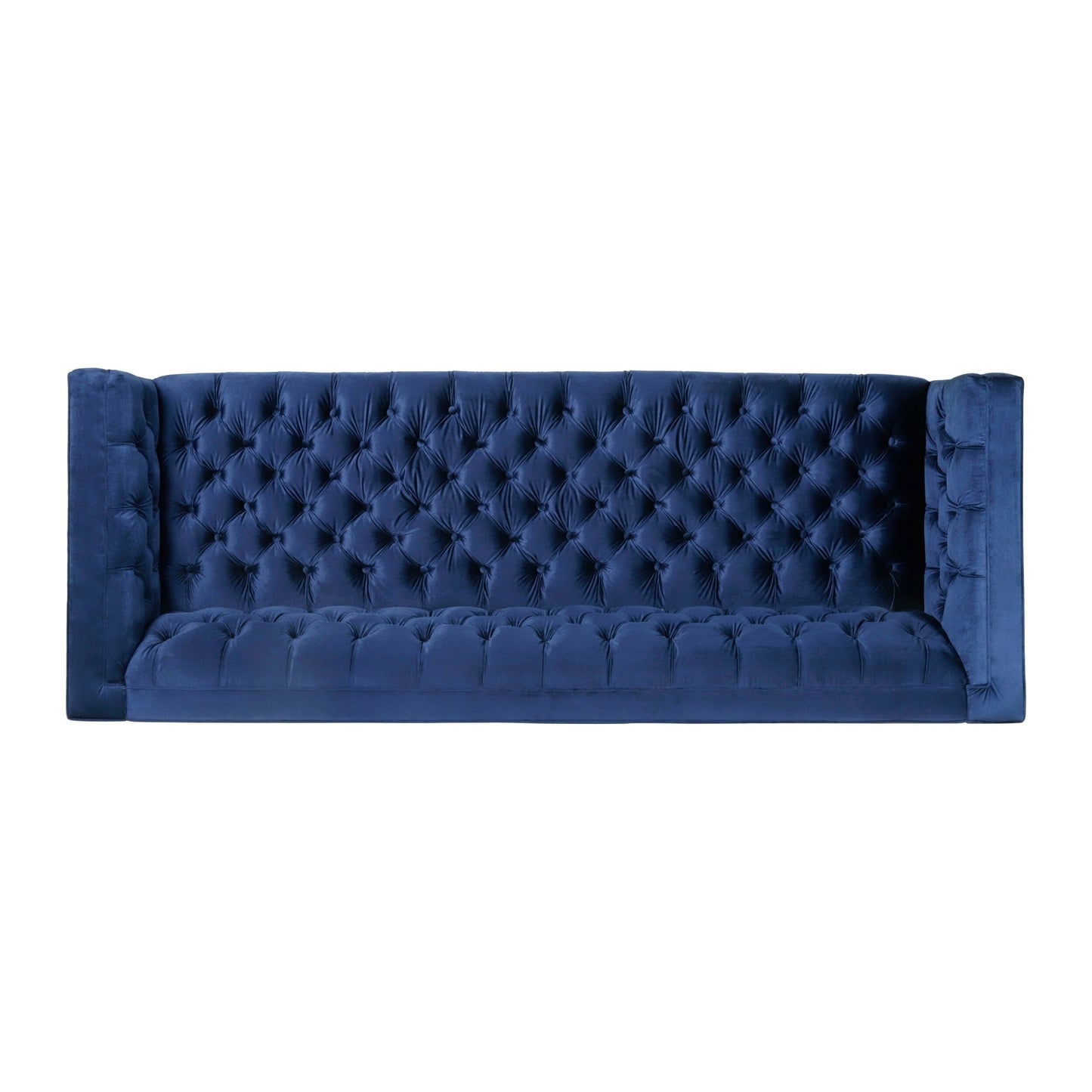 Divano a 3 posti imbottito con bottoni in similpelle blu e gambe in ferro a forma di T