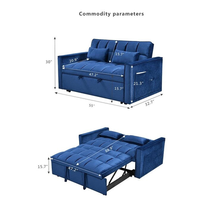 Divano letto trasformabile in flanella blu con contenitore