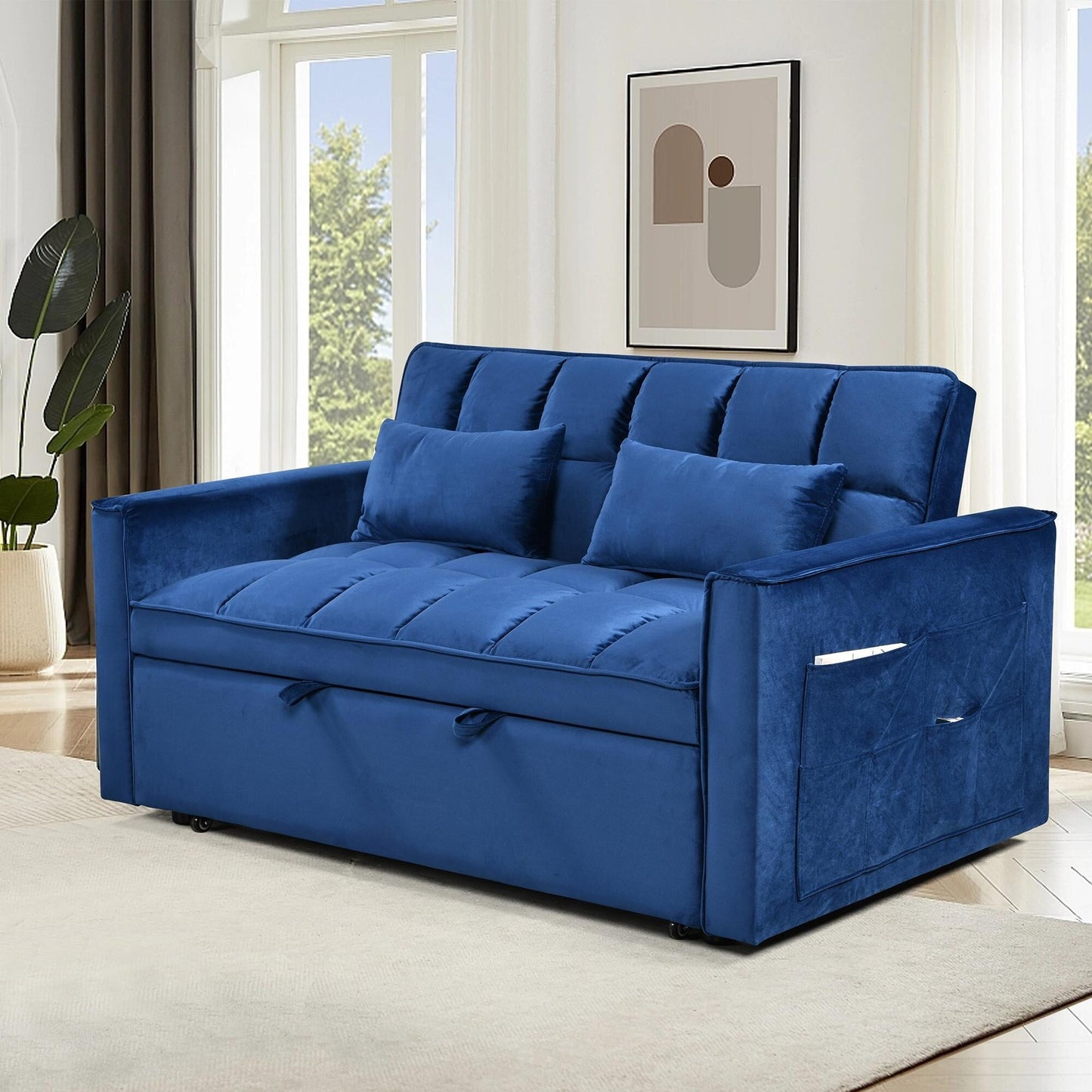 Divano letto trasformabile in flanella blu con contenitore