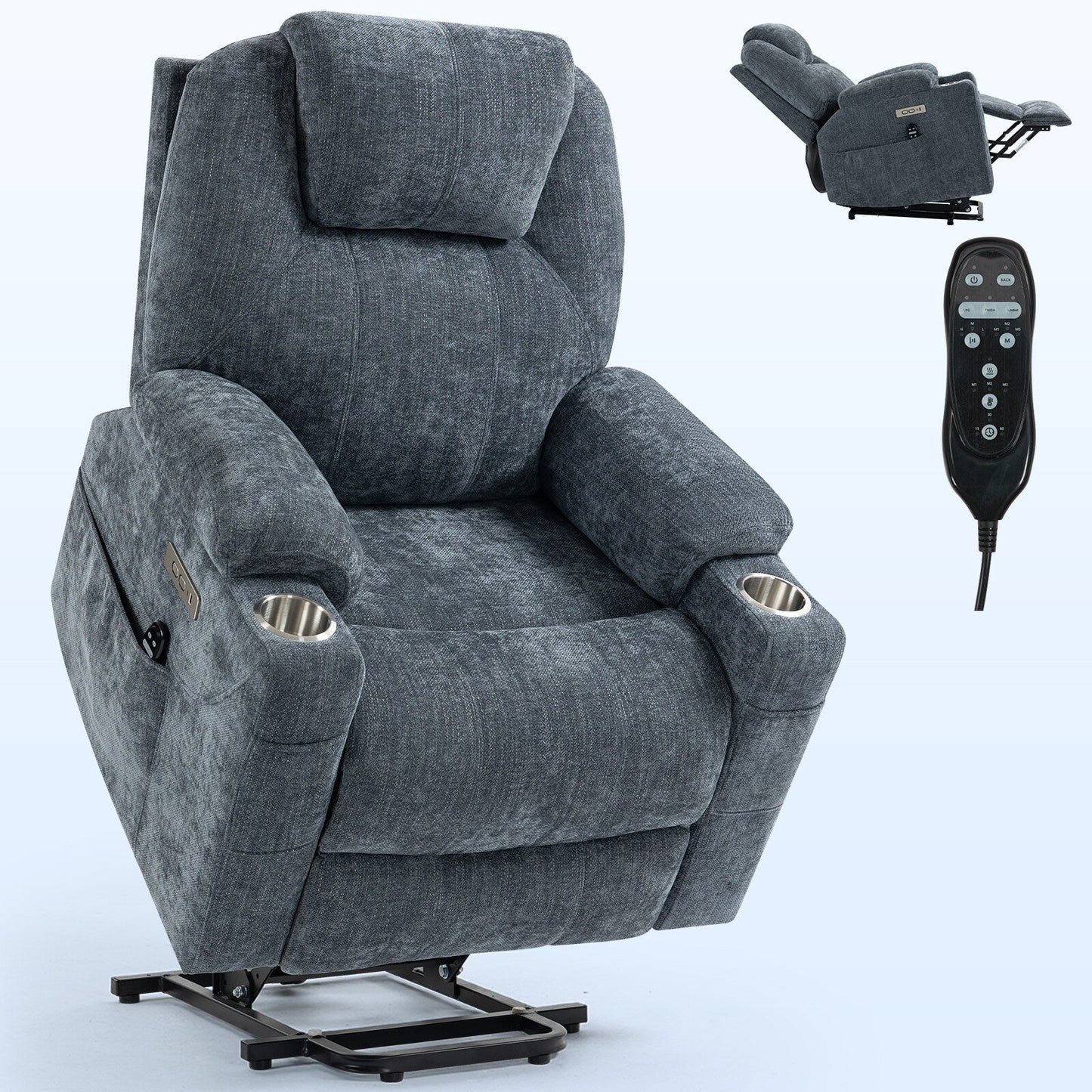 Poltrona reclinabile Blue Lift con massaggio a 8 punti, riscaldamento lombare, doppie porte USB e portabicchieri in acciaio inossidabile