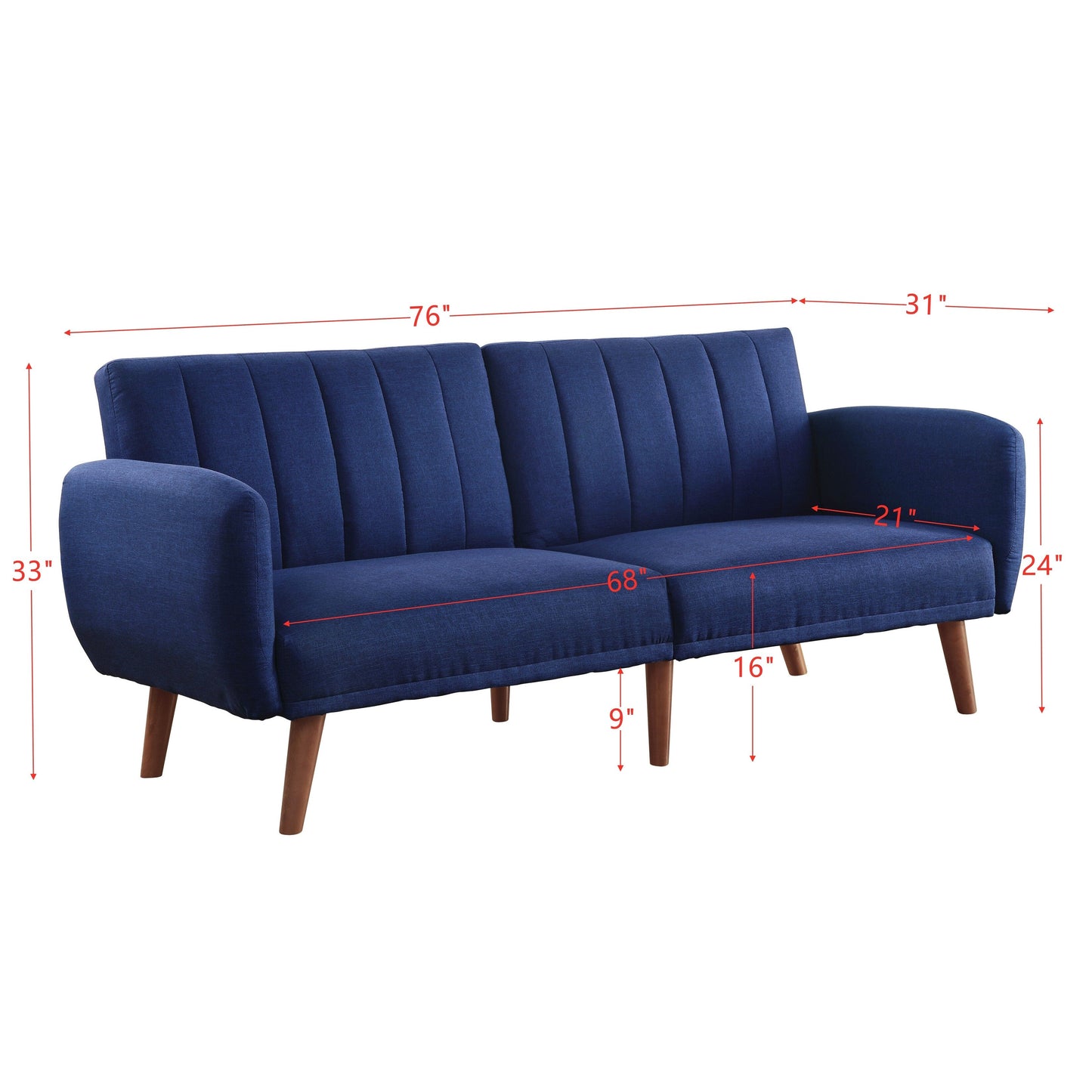 Divano letto trasformabile in lino blu con gambe in legno