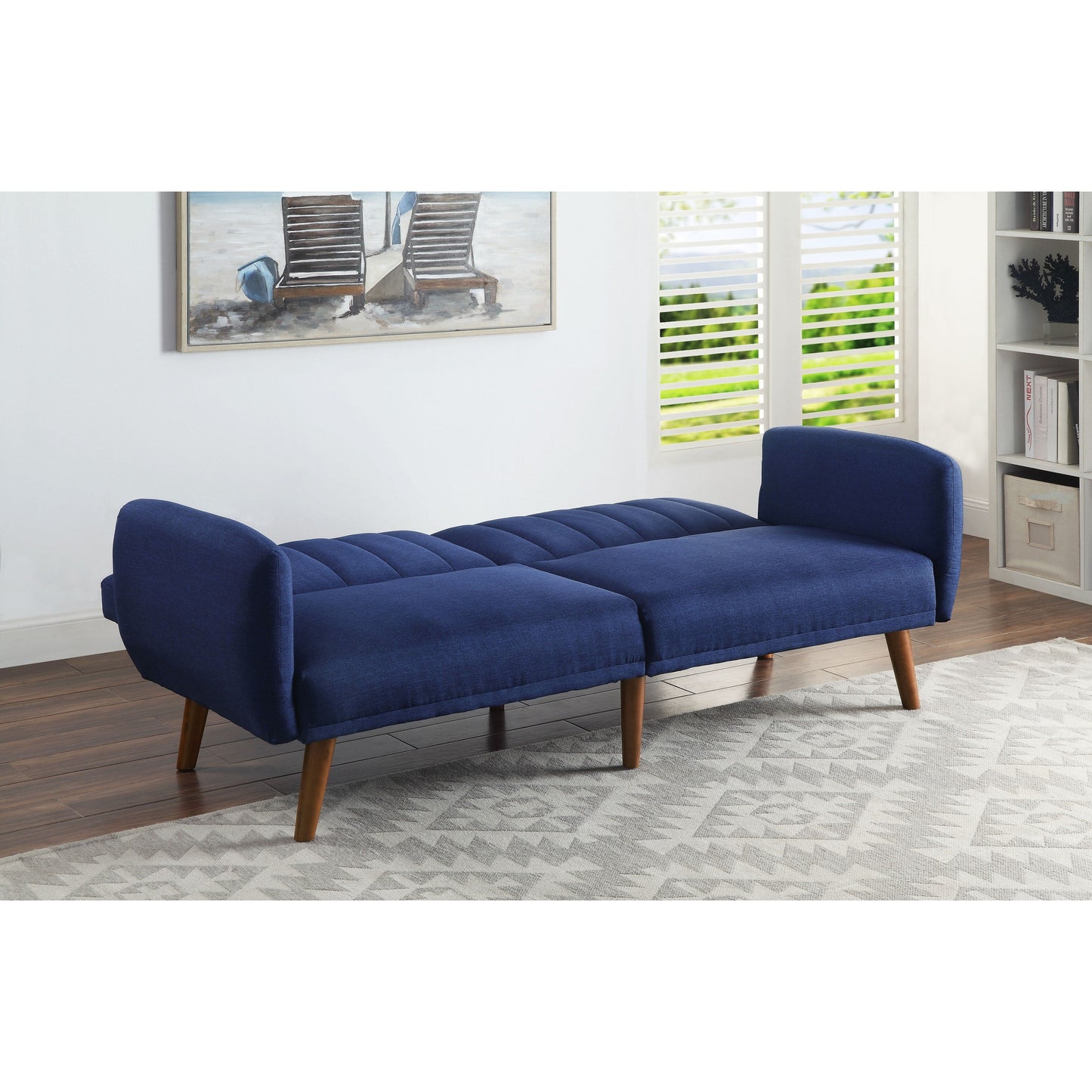 Divano letto trasformabile in lino blu con gambe in legno