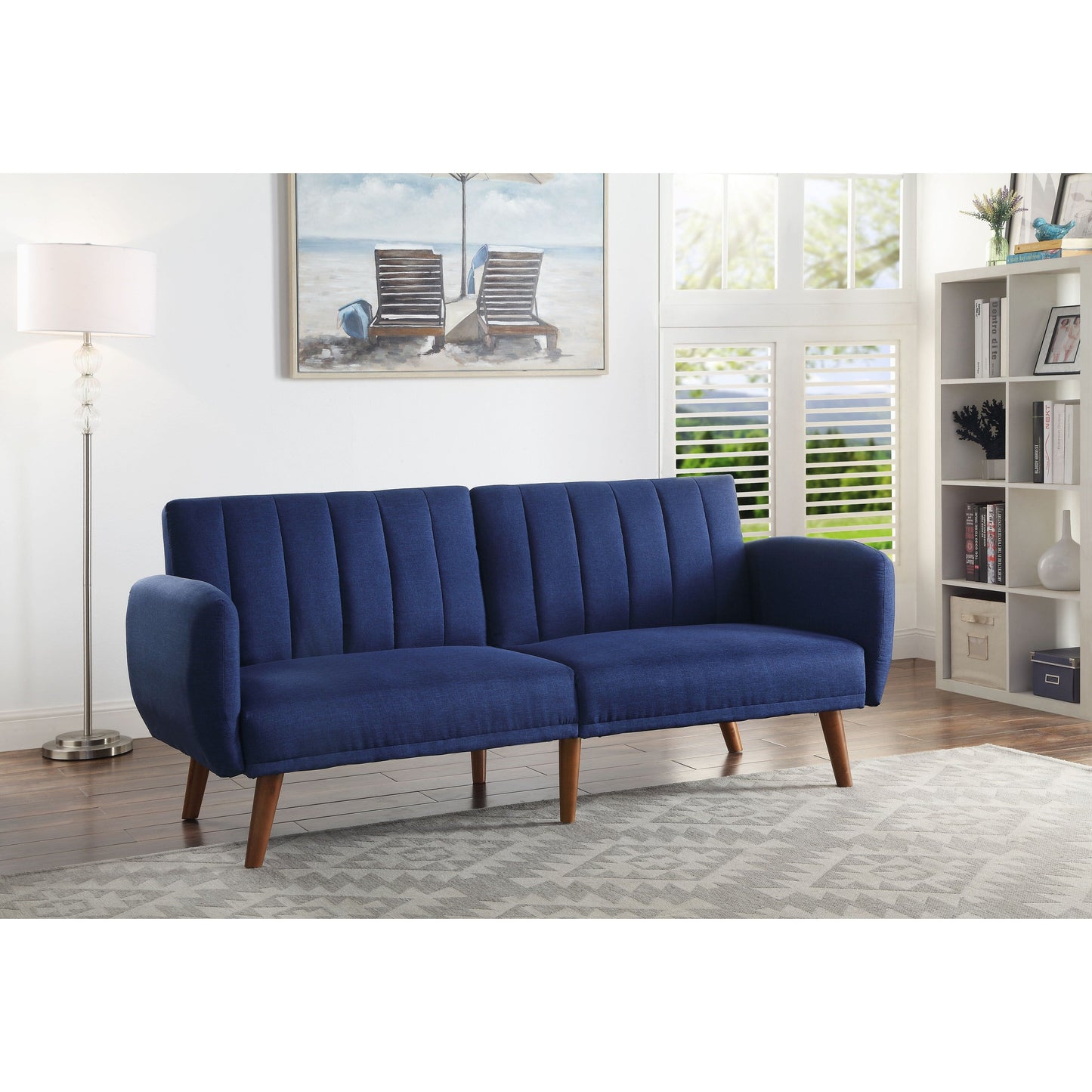 Divano letto trasformabile in lino blu con gambe in legno
