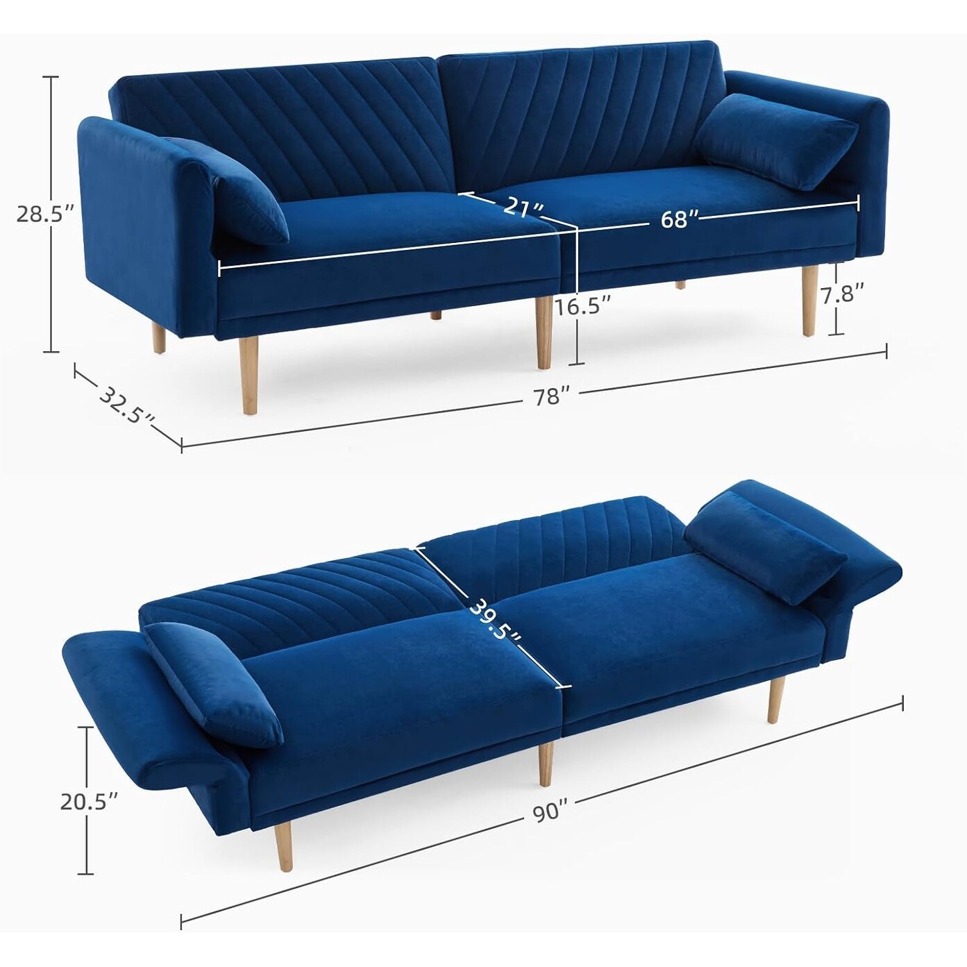 Divano letto futon blu con cuscini