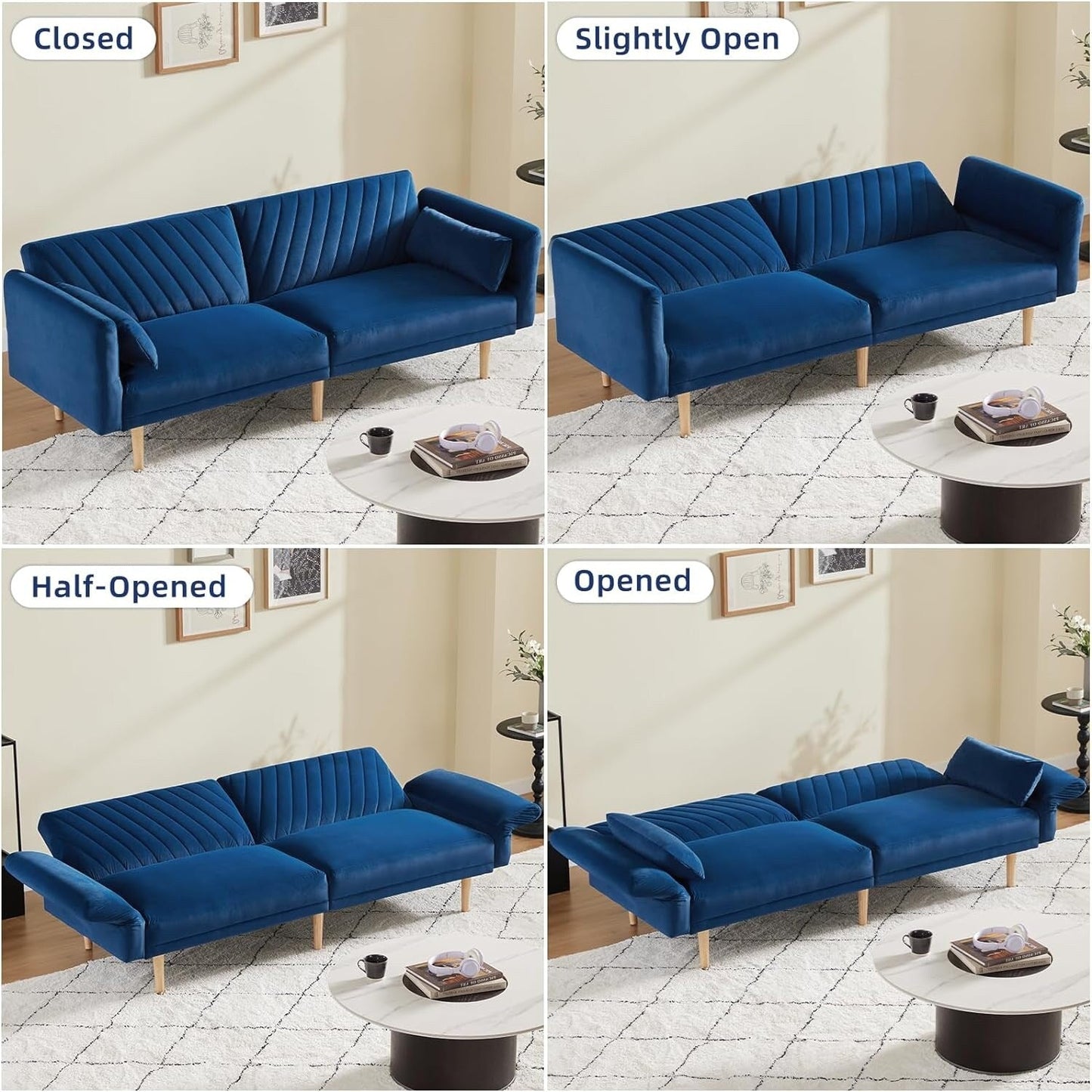 Divano letto futon blu con cuscini