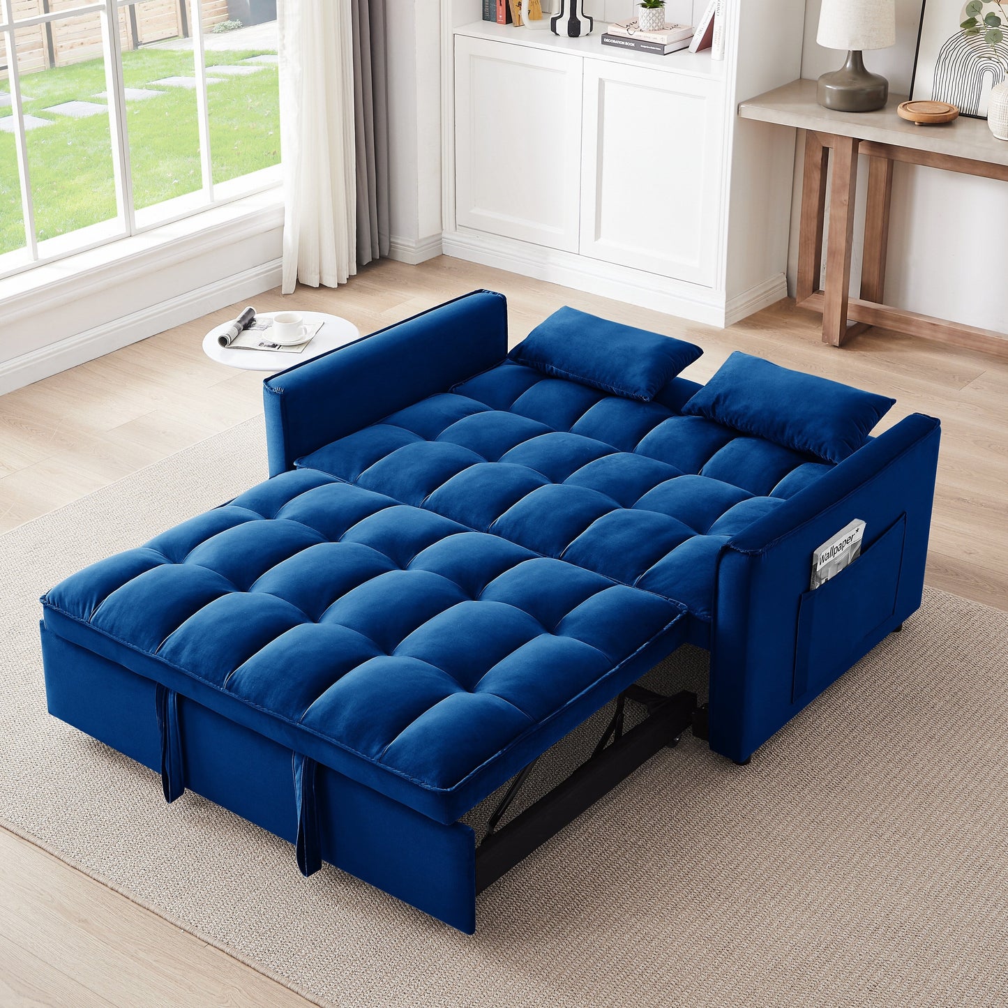 Divano letto blu con borsa portaoggetti