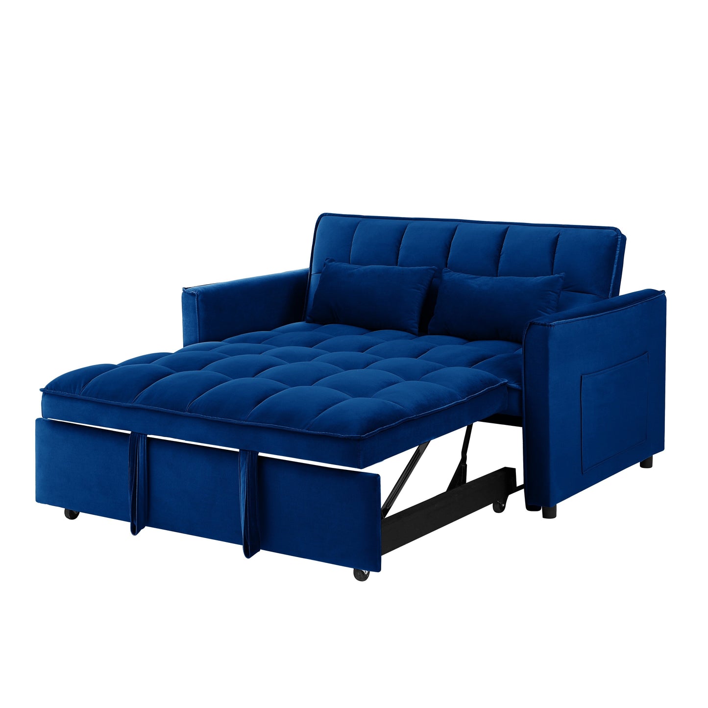 Divano letto blu con borsa portaoggetti