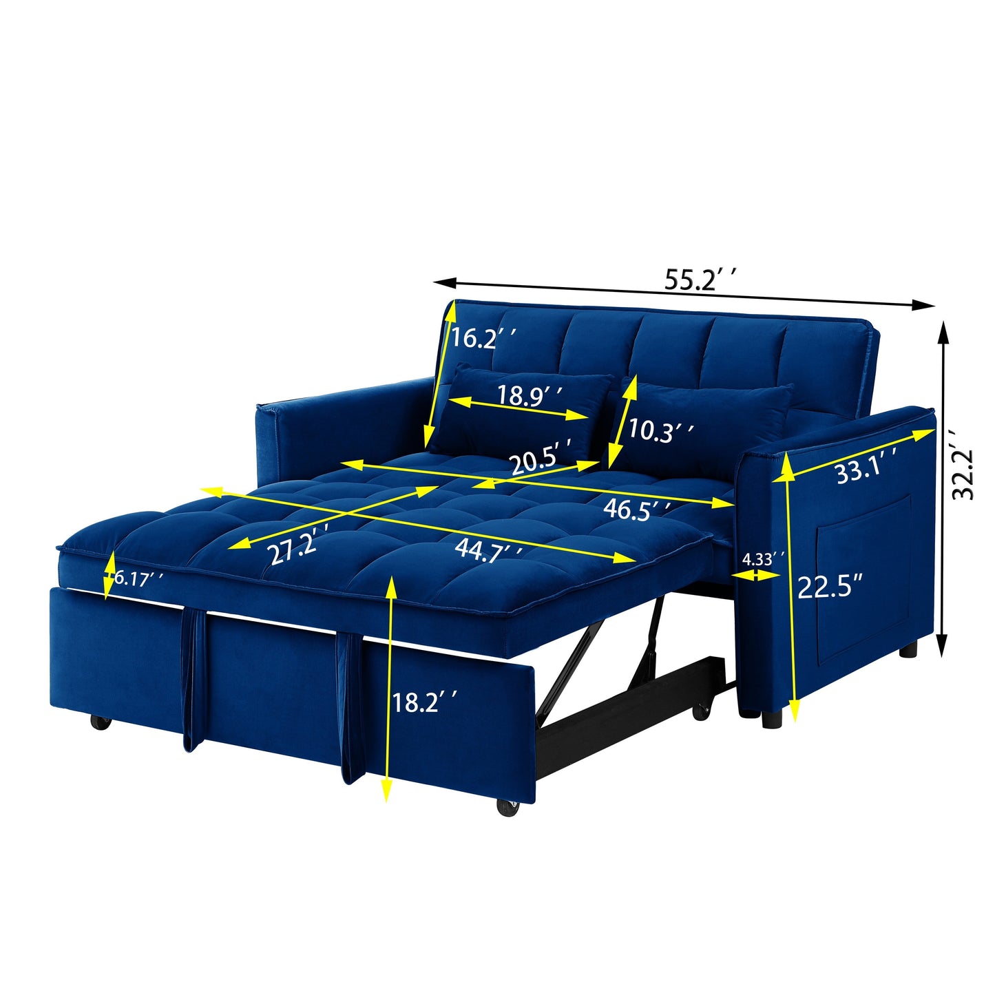 Divano letto blu con borsa portaoggetti