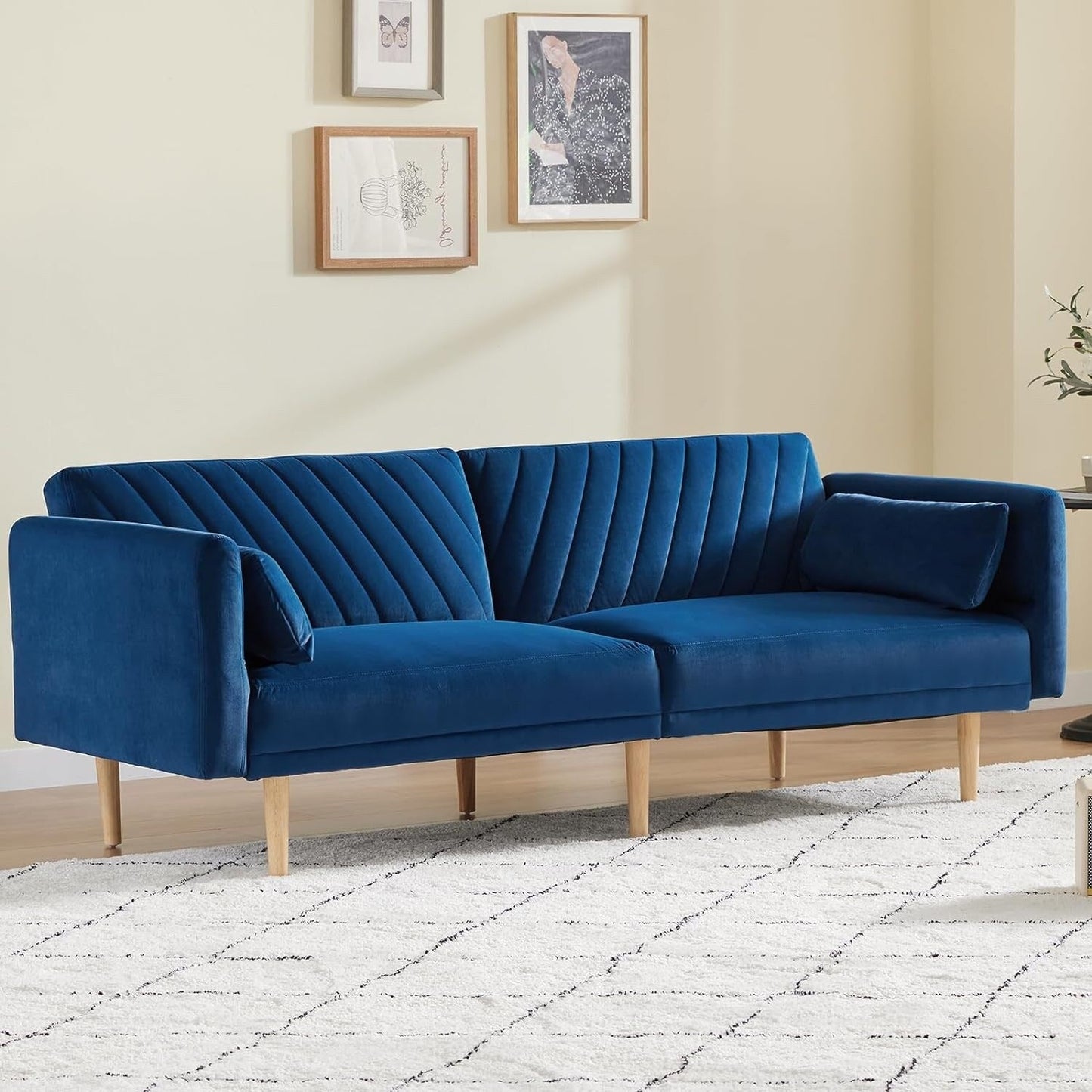 Divano letto trasformabile in futon moderno blu da 78 posti con 2 cuscini e schienale per soggiorno