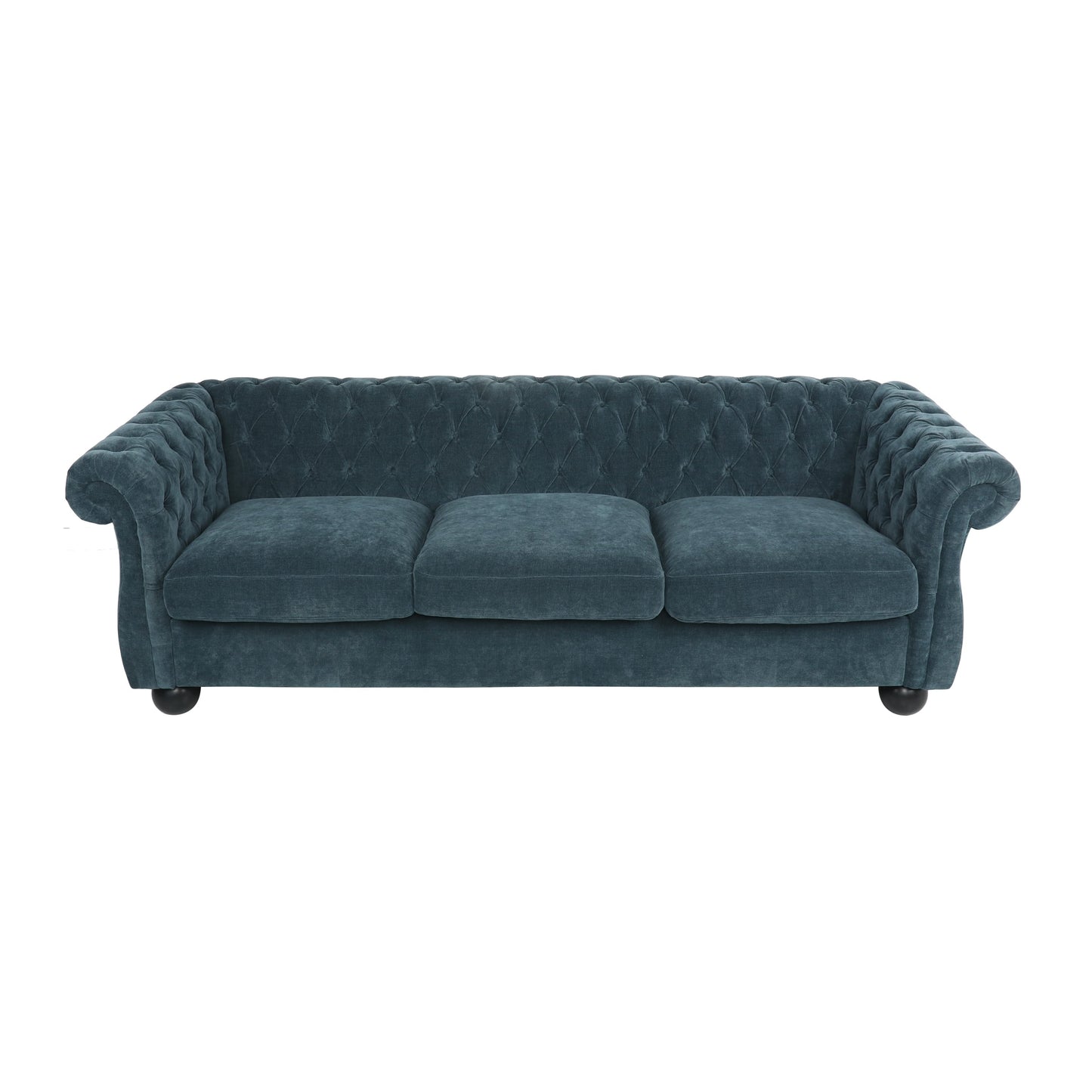 Divano moderno blu 83.25 con bottoni, trapuntato, a 3 posti, con gambe in legno per soggiorno