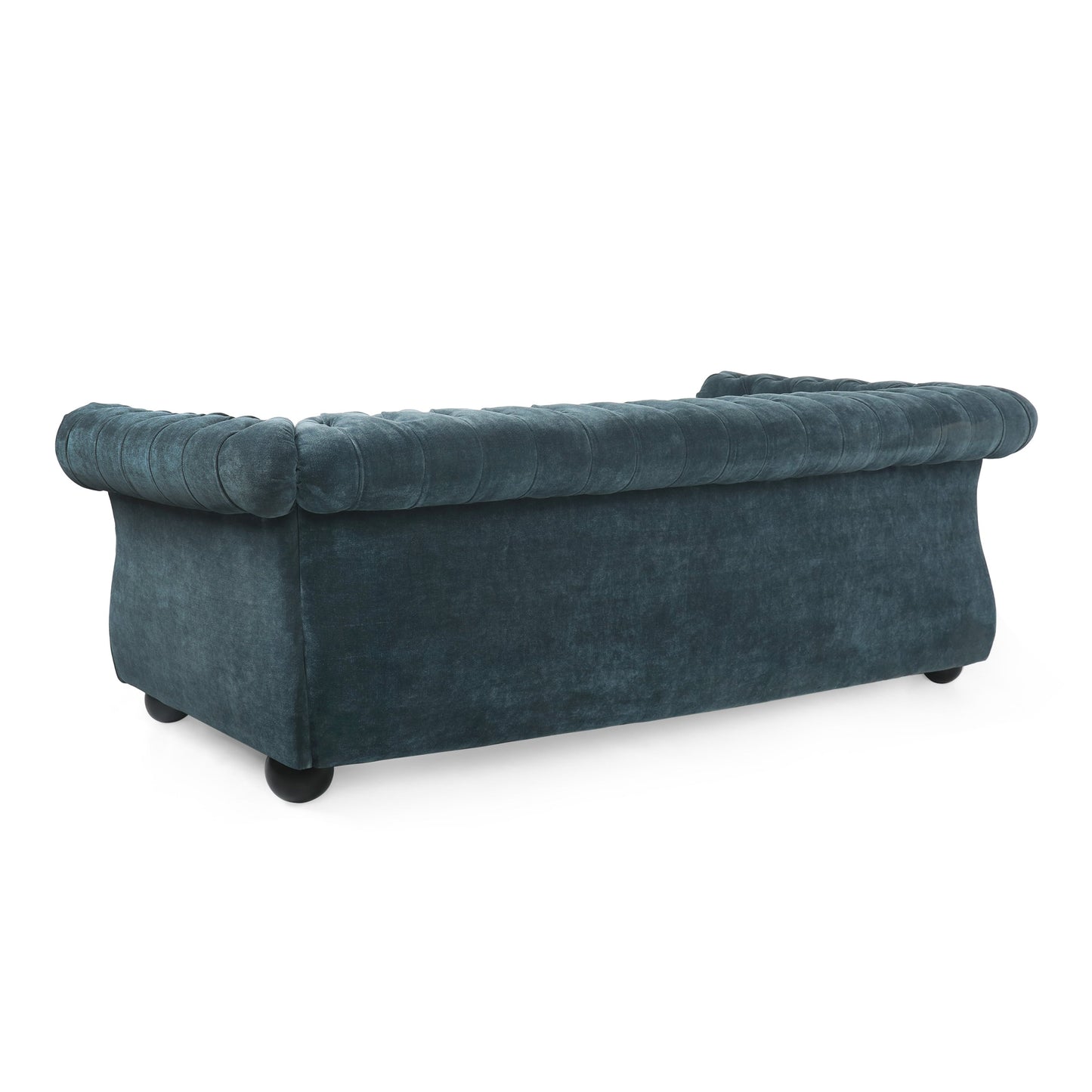 Divano moderno blu 83.25 con bottoni, trapuntato, a 3 posti, con gambe in legno per soggiorno