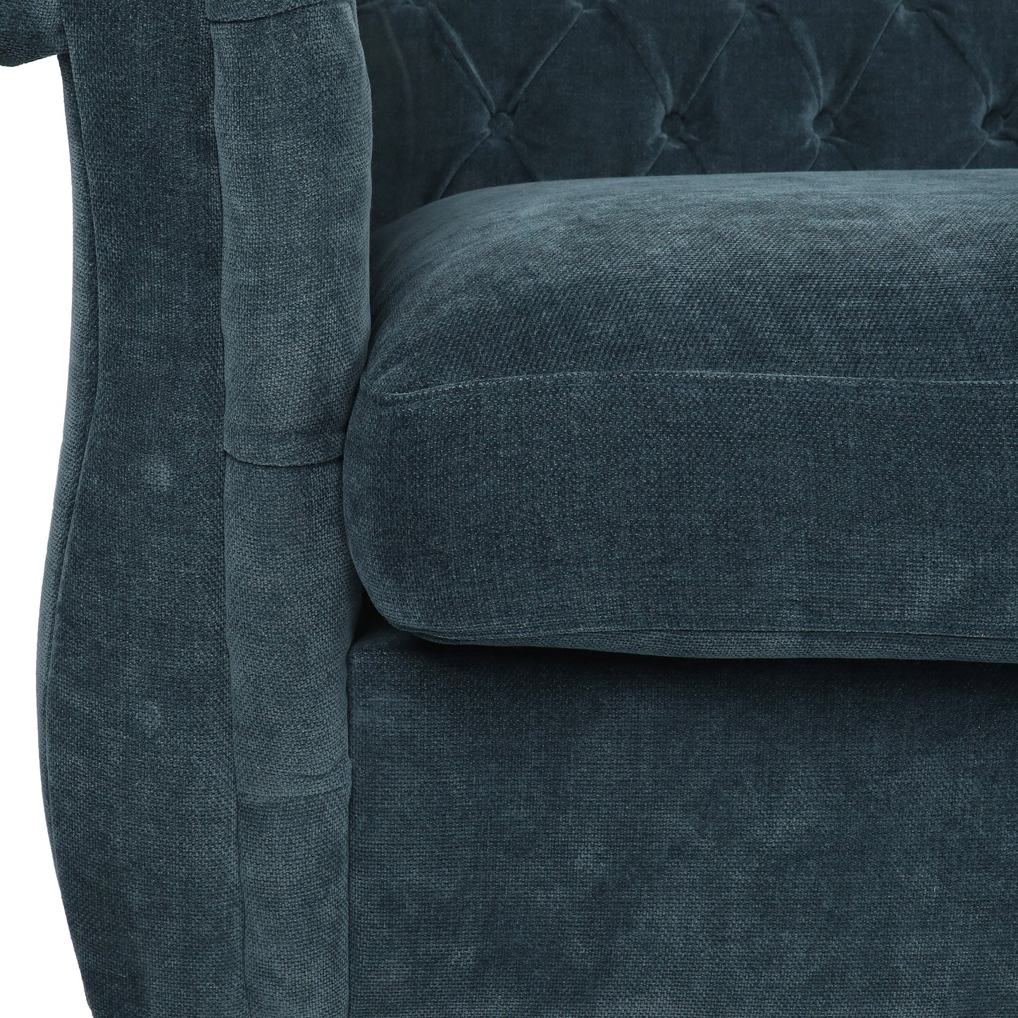 Divano moderno blu 83.25 con bottoni, trapuntato, a 3 posti, con gambe in legno per soggiorno