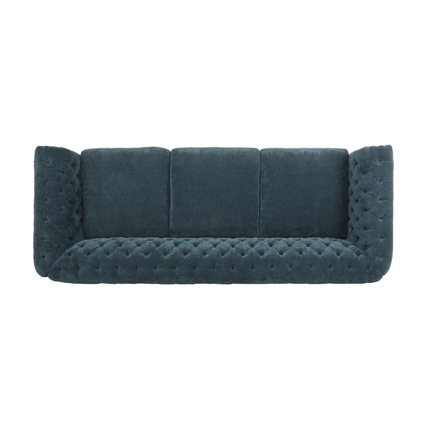 Divano moderno blu 83.25 con bottoni, trapuntato, a 3 posti, con gambe in legno per soggiorno