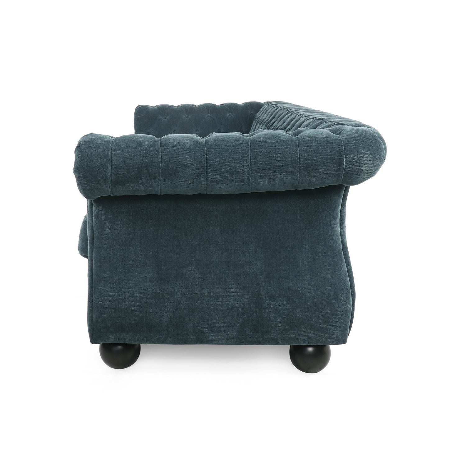 Divano moderno blu 83.25 con bottoni, trapuntato, a 3 posti, con gambe in legno per soggiorno