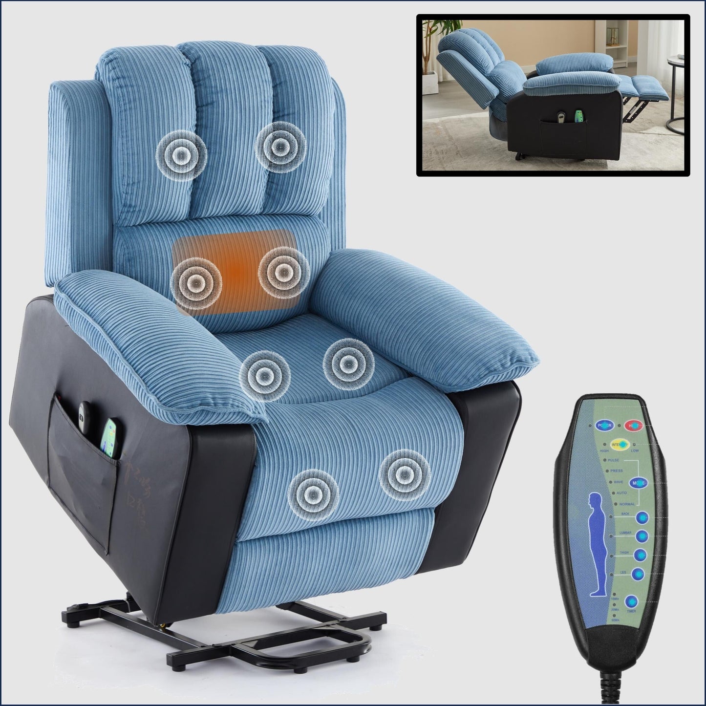 Poltrona reclinabile riscaldata moderna blu con 8 motori massaggianti e 10 livelli di intensità, perfetta per il relax in soggiorno
