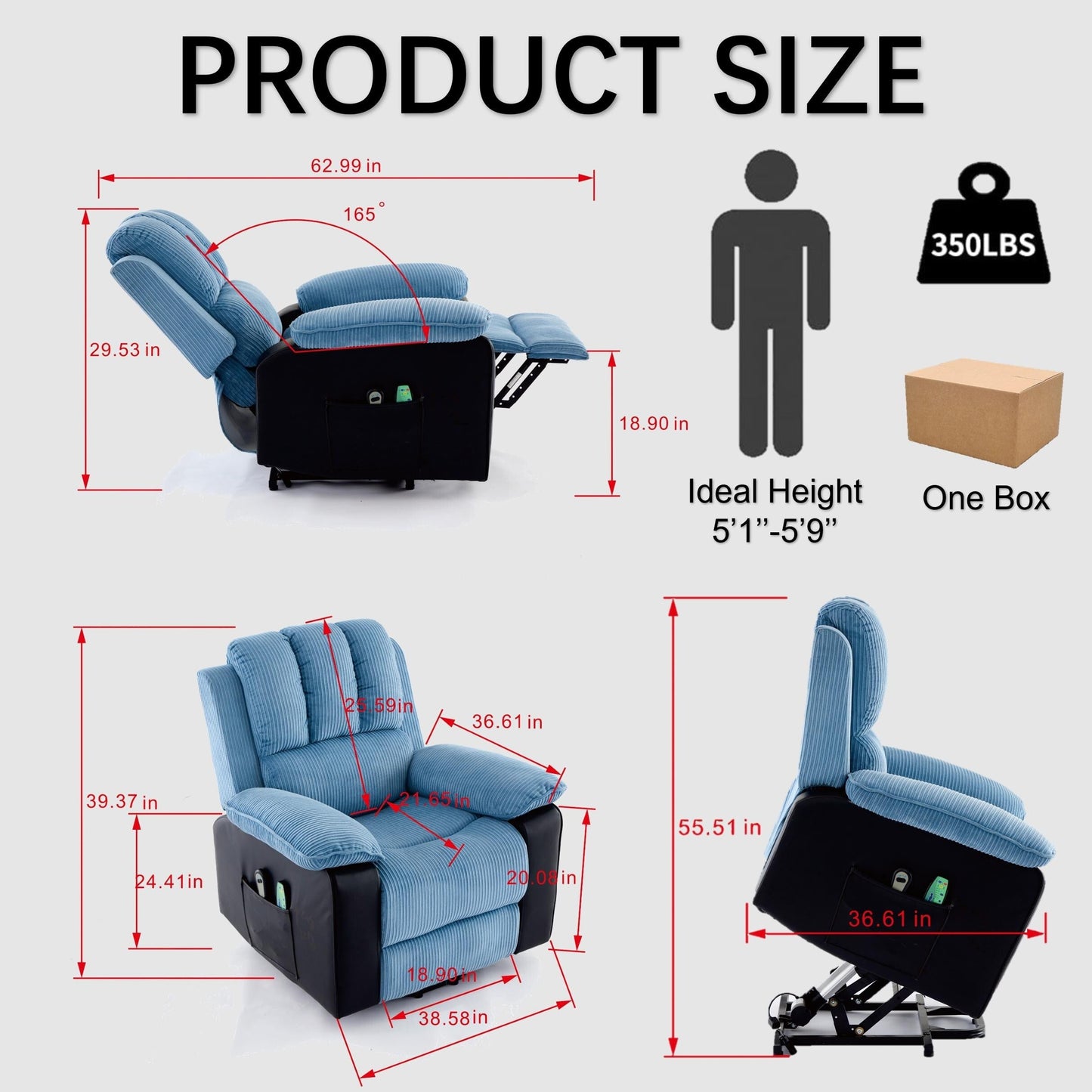 Poltrona reclinabile riscaldata moderna blu con 8 motori massaggianti, 10 livelli di intensità, perfetta per il relax in soggiorno
